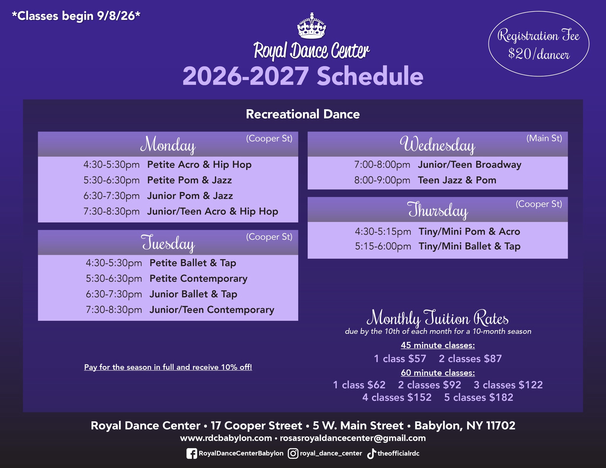 Fall Registration is happening now at Royal Dance Center!
*𝐏𝐥𝐞𝐚𝐬𝐞 𝐧𝐨𝐭𝐞, 𝐭𝐡𝐞𝐬𝐞 𝐚𝐫𝐞 𝐮𝐩𝐝𝐚𝐭𝐞𝐝 𝐜𝐥𝐚𝐬𝐬 𝐬𝐜𝐡𝐞𝐝𝐮𝐥𝐞𝐬!*
Visit us at our Cooper Street location during the following hours to register:
•Monday 4:30-8:30pm
•Tuesday 4:30-7:30pm
•Thursday 4:30-8:30pm
•Saturday 11am-1pm
All placement conversations will take place in person at registration so we can guide each dancer with care and accuracy.
We can’t wait to welcome you into another royal season of dance! 💜👑
#loyal2royal #longislanddancestudio #longislandmoms #RDCforever