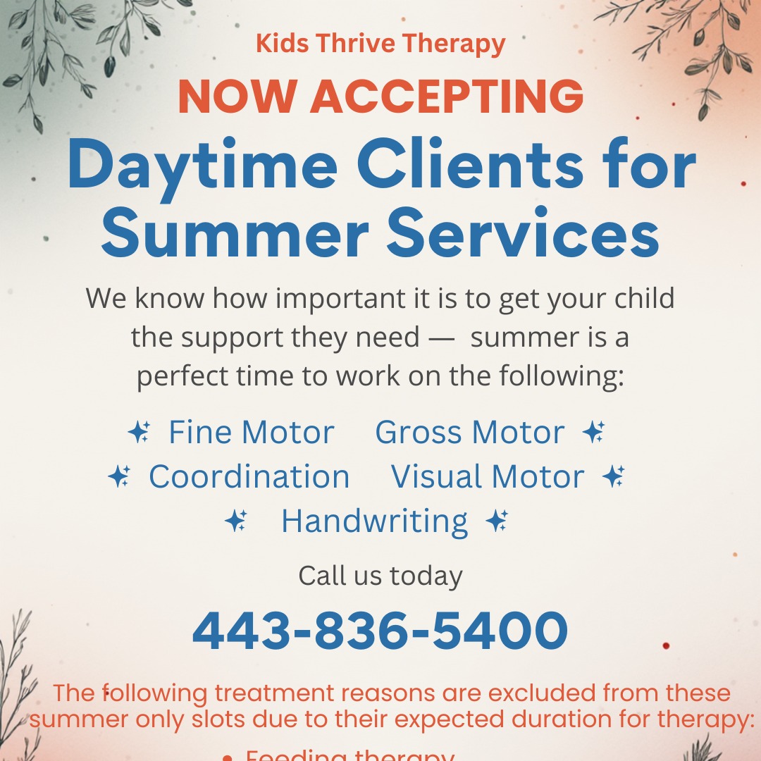 ๐We have limited openings for summer daytime slots!!!
Call our office to learn more or complete our online intake form indicating summer OT interest
https://www.kthriveot.com/schedule-appointment