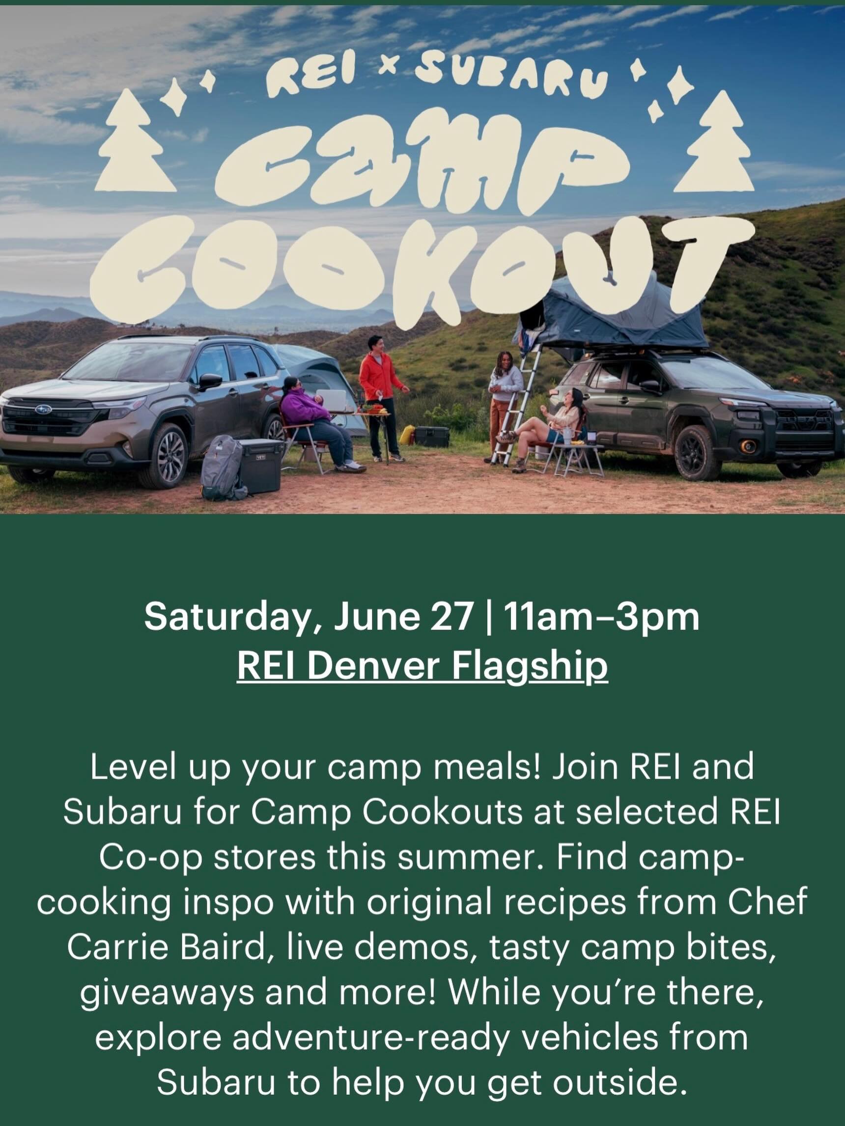 Join us for @rei x @subaru_usa Camp Cookout at the Denver REI on June 27th! We’re excited to be there sharing the flavors of Oso Adventure Meals, and checking out the adventure ready Subaru cars! Come hang out! RSVP at the link in our bio!
