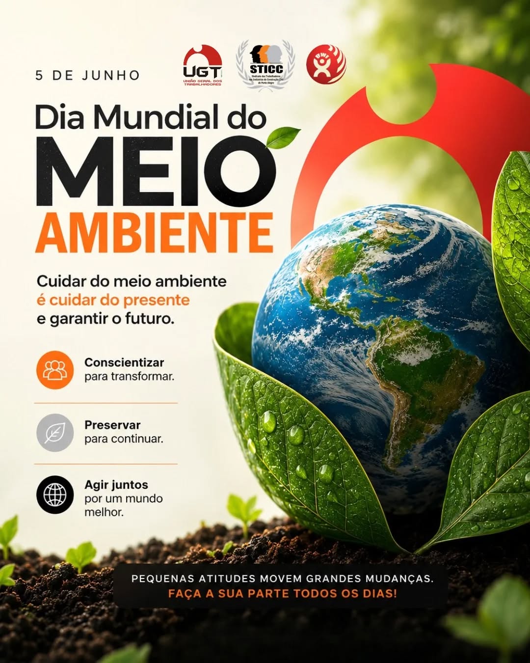 Pequenas atitudes movem grandes mudanças.
Faça a sua parte todos os dias!
No Dia Mundial do Meio Ambiente, reafirmamos nosso compromisso com o futuro.
Cuidar do nosso planeta é proteger a vida e garantir o amanhã das próximas gerações.
Vamos agir juntos por um mundo melhor! 🌱💚
#DiaDoMeioAmbiente #Sustentabilidade #AgirJuntos #Preservação #FuturoSustentavel UGT STICC