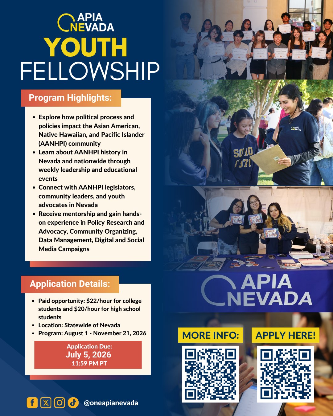 Calling all youth advocates! 🌟 Join our Fall 2026 Youth Fellowship and be part of shaping the future. Dive into the processes behind policymaking and build skills in advocacy, leadership, and community organizing.
Over the course of the program, fellows will have the opportunity to connect with legislators and local cultural organizations, all while gaining the skills to advocate and uplift Asian American, Native Hawaiian, and Pacific Islander communities and beyond at the state and local levels.
✨ Submit your application through the QR code or link in our bio. This program is open to high school and college students across Nevada who are interested in AANHPI community empowerment and public policy.
#OANyouth2026 #YouthFellowship