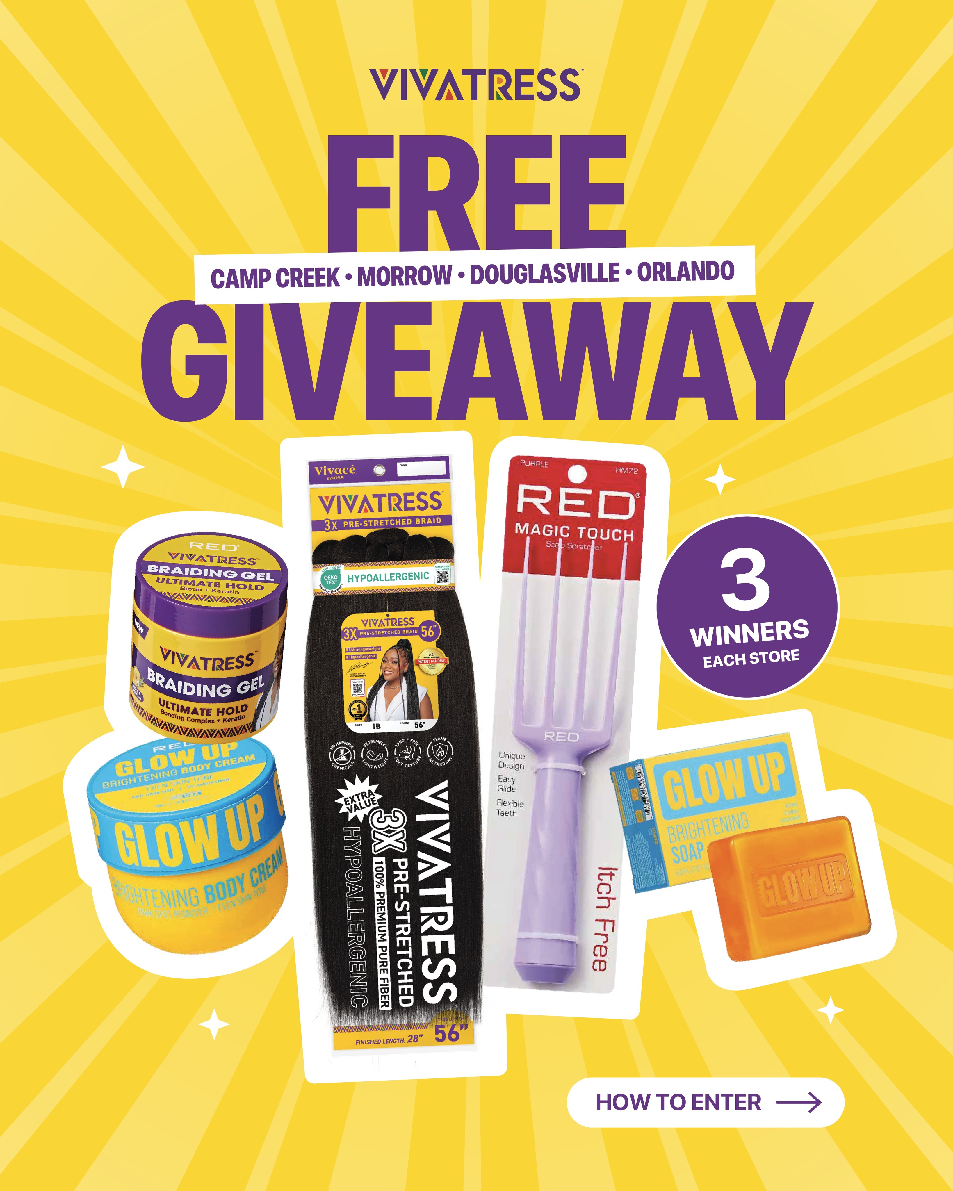 VIVATRESS FREE GIVEAWAY is coming! 💜💛
We’re giving away FREE Vivatress gift boxes at selected Beauty Master stores! 🎁✨
Each store will have 3 winners, selected by online raffle.
How to enter:
1️⃣ Follow the correct Beauty Master account
GA stores: @beautymaster_official
2️⃣ Comment & tag your friends under the giveaway video for the store you want to join
3️⃣ Winners will be selected after the entry period ends
📍 Participating stores:
Camp Creek · Morrow · Douglasville · Orlando
⚠️ Store giveaway videos will be posted separately.
Please enter under the video of the store you want to join.
Check the post for each store’s entry period, winner announcement date, and gift pickup dates.
Good luck everyone! 💜💛