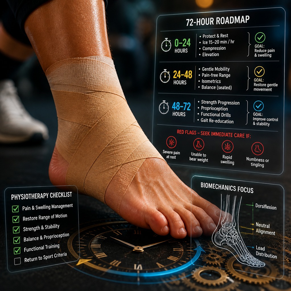 First 72 hours after a sports injury matter. Fitness.Inc’s Chennai sports physiotherapists recommend a clear, staged approach: rest and protection initially, controlled icing for pain and swelling, gentle early mobilisation when safe, and progressive loading guided by biomechanical assessment. Seek specialist assessment if there is severe pain, visible deformity, inability to bear weight, numbness or loss of movement, or symptoms that worsen after 48 hours. Fitness.Inc uses staged rehabilitation and objective gait and movement analysis to personalise recovery plans for athletes and active locals in West Tambaram, Chennai. Link in bio to learn more and book a consultation. What symptom concerns you most right now? Share below.