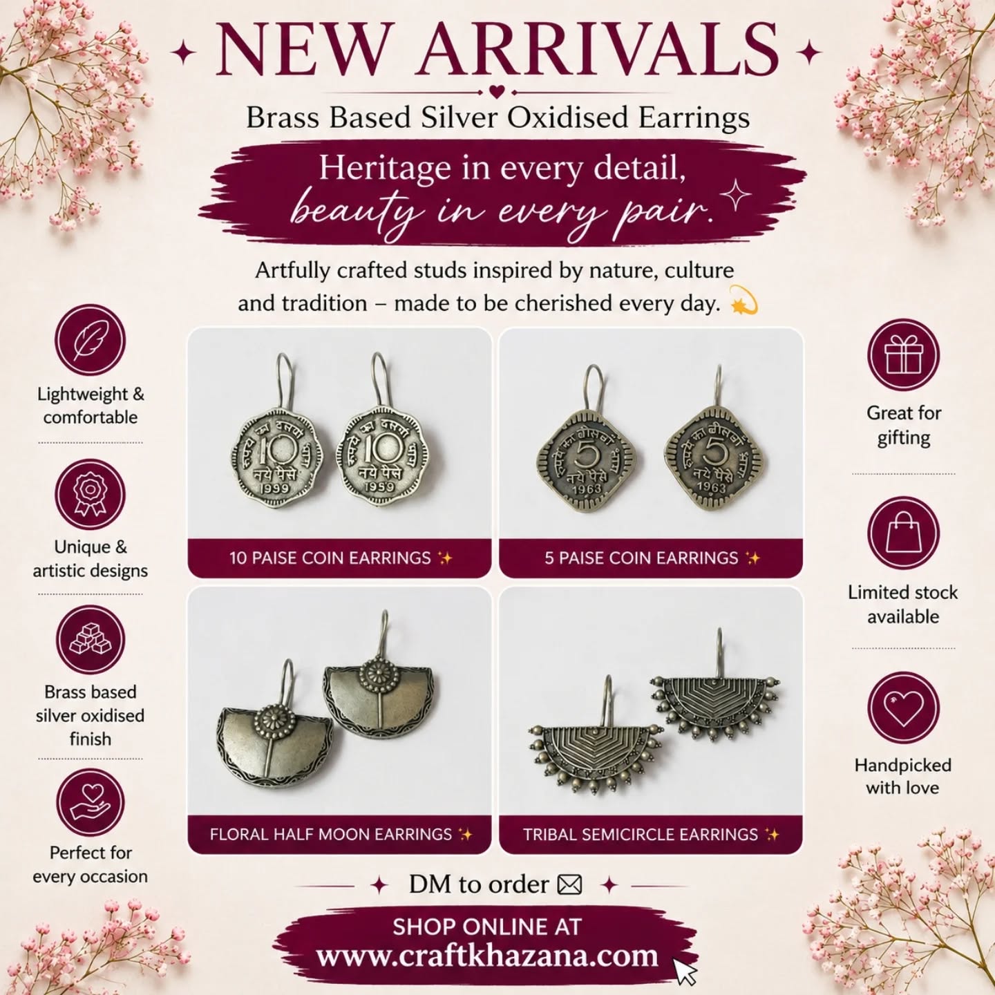 ✨ NEW ARRIVALS ✨
Heritage in every detail, beauty in every pair. 💫
Inspired by vintage coins, traditional motifs, and timeless craftsmanship, these brass-based silver oxidised earrings are perfect for those who love jewellery with a story.
From nostalgic coin earrings to elegant floral and tribal-inspired designs, each pair is handcrafted to add a unique touch to your style.
✔ Lightweight & comfortable
✔ Brass based silver oxidised finish
✔ Unique and artistic designs
✔ Perfect for everyday wear and gifting
✔ Limited stock available
📩 DM to order
🛍️ Shop Online at www.craftkhazana.com