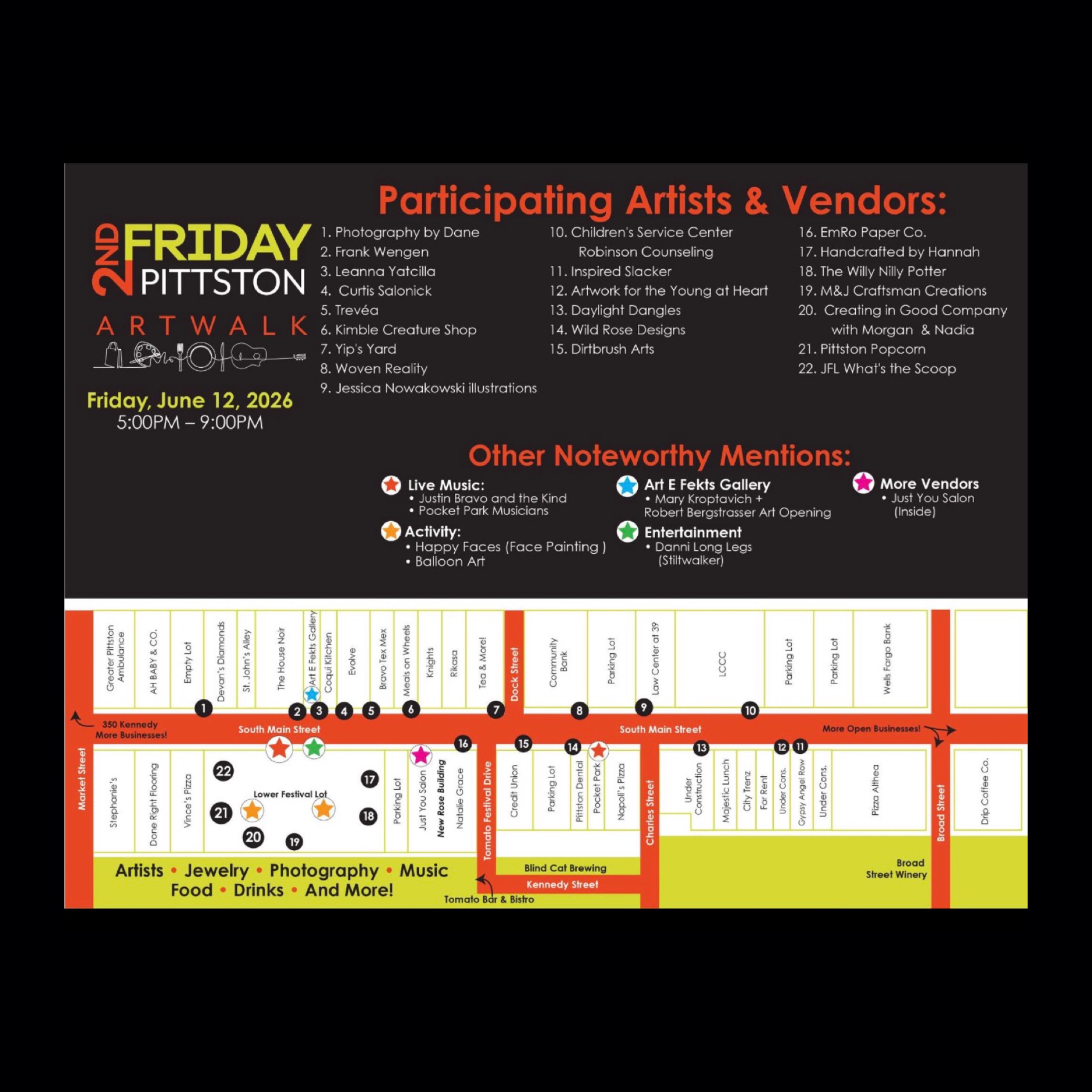 Only a few days away!!
Check out the official 2nd Friday vendor map and start planning your evening in Downtown Pittston.
While you’re downtown, be sure to stop into our local shops and restaurants, many of which will be open late with special promotions and surprises. Plus, don’t miss the free artist reception at Art E Fekts Gallery featuring the work of Mary Kroptavich and Robert Bergstrasser.
📍 Pittston, PA
🕔 Friday | 5:00PM–9:00PM
Save the map, grab some friends, and make a night of it. We can’t wait to see you downtown!