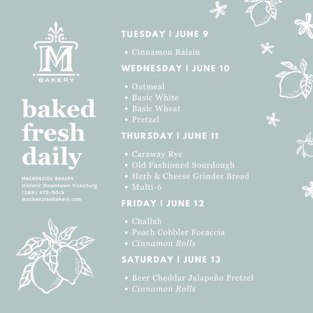 Summertime is here, and so are some of our favorite Vicksburg traditions! With ’Burg Days of Summer returning on Wednesday and the 45th Annual Old Car Show rolling into town Friday and Saturday, we figured our bread lineup should join in on the fun. 🚗☀️
We’re kicking things off Wednesday with a Pretzel Day favorite, our original Pretzel recipe, followed by Caraway Rye on Thursday. Friday welcomes the debut of Peach Cobbler Focaccia, and we’ll wrap up Car Show Weekend on Saturday with Beer Cheddar Jalapeño Pretzel.
Stay tuned this week as we share more about our ’Burg Days of Summer and Old Car Show Weekend features! 🏁✨
🍋 ‘Burg Days of Summer | Wednesdays from 5:30-8:30p
🍋 45th Annual Vicksburg Old Car Show | June 12-13th
🍋 Cinnamon Rolls | Fridays and Saturdays
#mackenziesbakery #freshbaked #vicksburgmi #yourlocalbakery