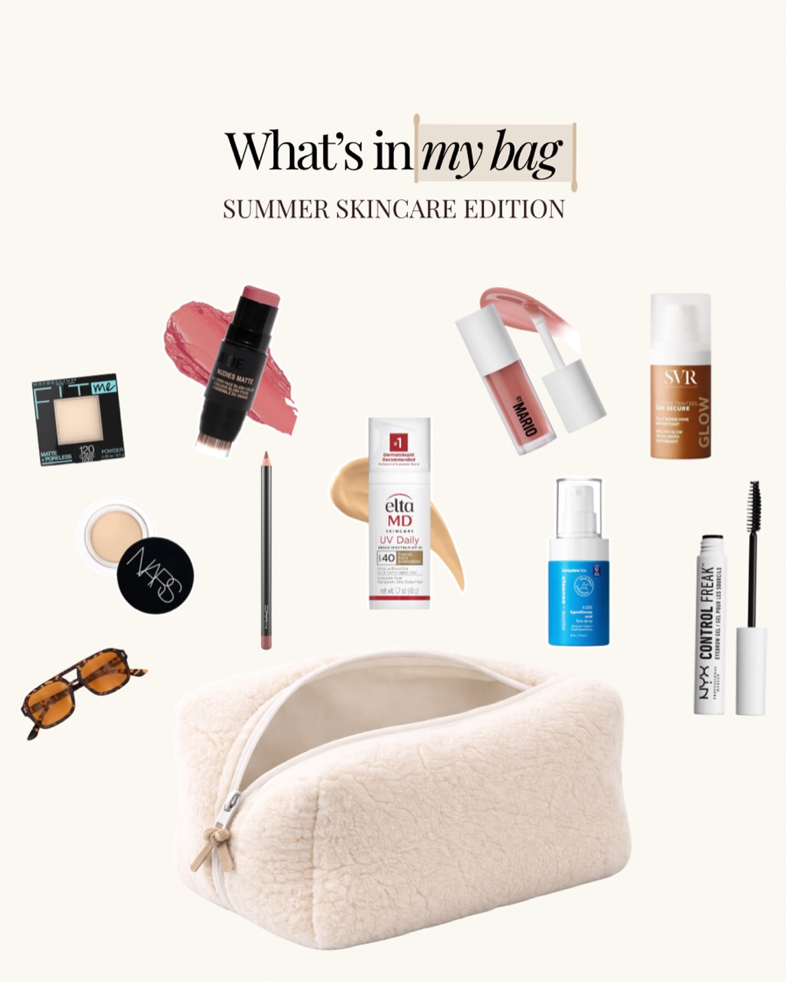☀️What’s in my makeup bag? The summer skincare + makeup lineup I refuse to leave home without.
As an esthetician, I’m all about products that work hard without feeling heavy—and these are the staples that keep my skin protected, hydrated, and glowing all summer long. ✨
🤍 @eltamdskincare UV Daily SPF 40 – my everyday sunscreen for lightweight hydration and broad-spectrum protection.
🤍 @svr_canada Sun Secure Blur Bronzing drops – the perfect glow-boosting serum for no-makeup makeup days.
🤍 @thehoneydewlabs Hypochlorous acid spray– an antibacterial & hydration rescue whenever my skin feels thirsty throughout the day or irritated
🤍 @makeupbymario MoistureGlow Lip Serum – glossy, juicy lips without the sticky feeling.
🤍 @narsissist Soft Matte Complete Concealer – my go-to for quick spot concealing and brightening.
🤍 @maybelline Fit Me Powder – keeps shine under control while still looking skin-like.
🤍 @maccosmetics Lip Pencil – because a good lip liner instantly pulls everything together.
🤍 @nyxcosmetics_canada Control Freak Brow Gel – the easiest way to keep brows lifted and polished.
🤍 Sunglasses, because SPF doesn’t stop at skincare. 😎
✨ If you’re building your summer beauty bag, save this post for your next beauty haul. These are the products I reach for again and again as an acne-focused esthetician.
Which product would you steal from my bag first? 👇
#WhatsInMyBag #SummerSkincare #EstheticianApproved #GlowingSkin
