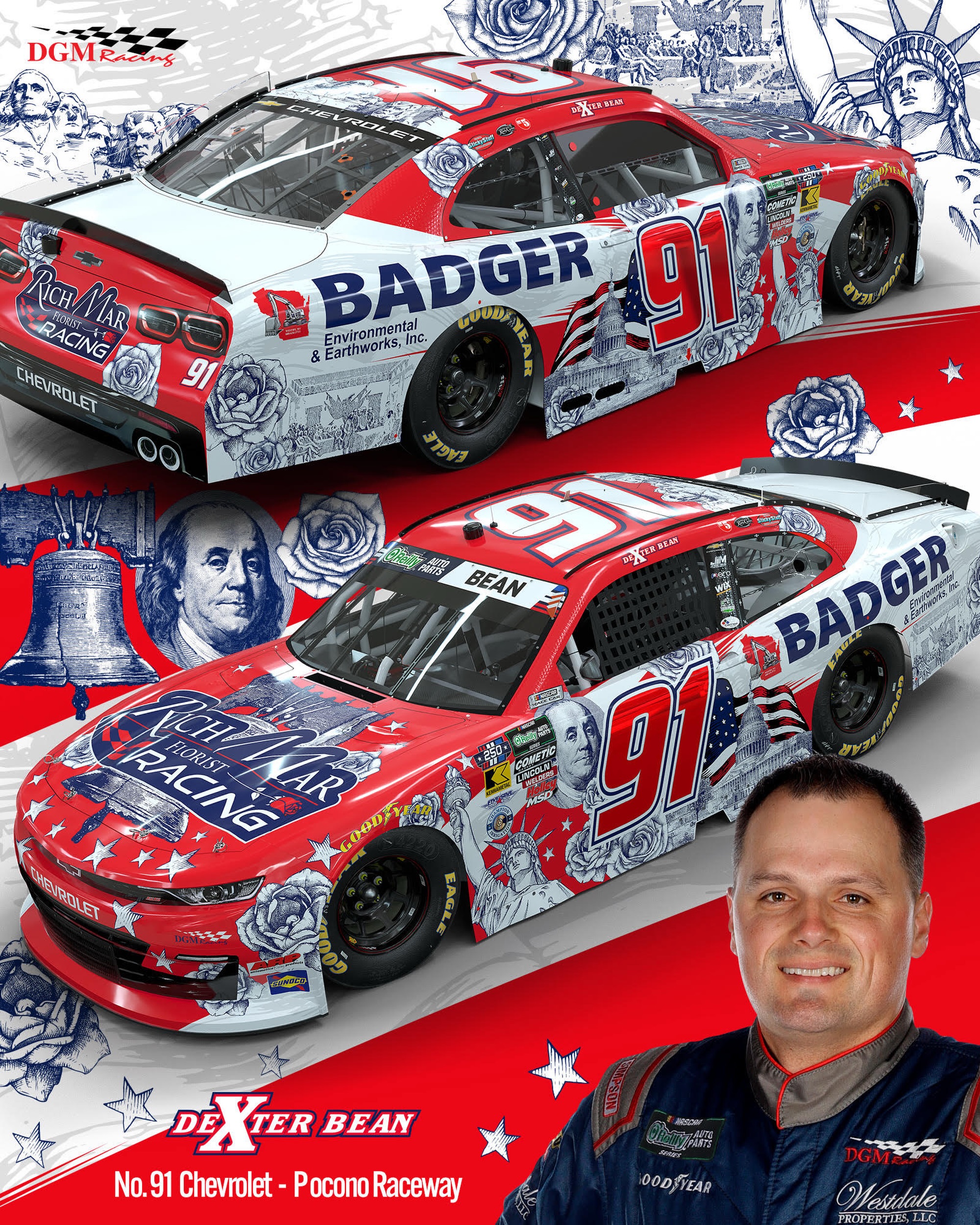 🎆 Queue the fireworks! As we begin celebrating America’s 250th birthday, we welcome “DeX with the Big X” back to the No. 91 Chevrolet at @PoconoRaceway, marking his first NOAPS start since Martinsville 2024.
💐 @RichMarFlorist and Badger Environmental will serve as the primary partners 🦺