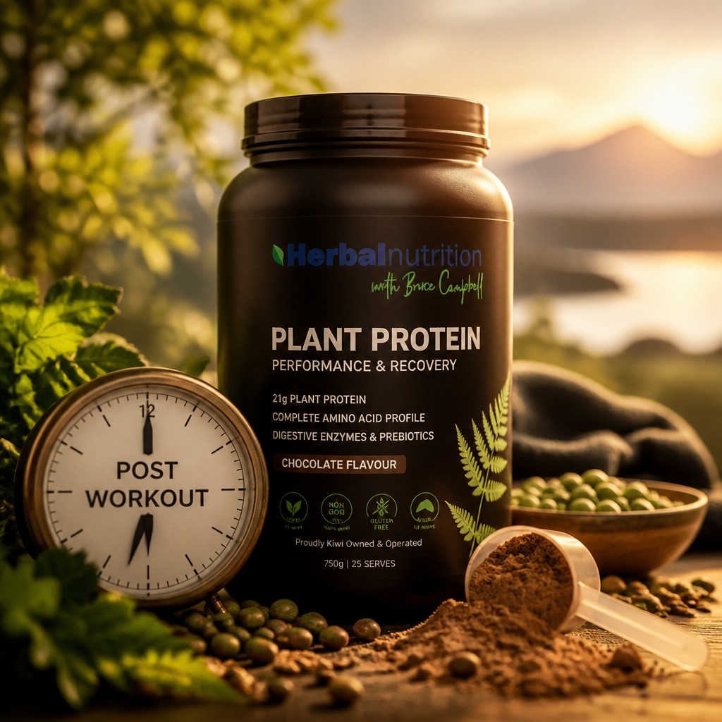 Science snapshot: protein timing matters — especially around workouts. Research shows consuming quality protein within a few hours of exercise helps muscle repair, recovery and lean mass support. We design Herbal Nutrition formulas with balanced protein blends and nutrients to support that window, so you can fuel recovery and stay on track with your goals. Want simple ways to add a post-workout shake? Tell us your routine below — Link in bio 💪🌿✨ #HerbalNutritionNZ #ProteinTiming #RecoveryFuel #PlantPowered #HealthyHabits #NZWellness #EvidenceLed #FuelYourGoals