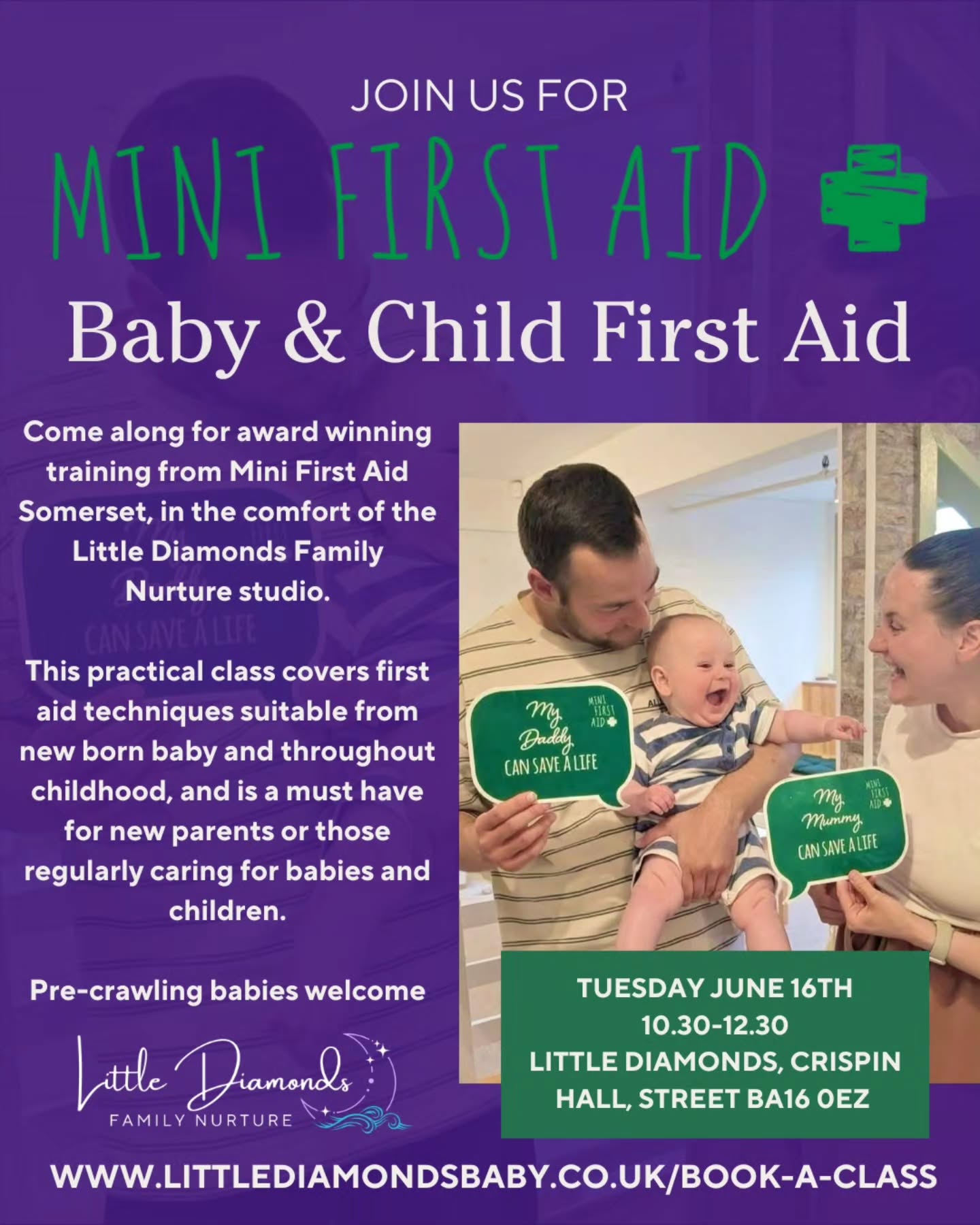 🩹 Mini First Aid - Baby & Child First Aid - June 16th 10.30am 🩹
Lead by the fabulous trainers at Mini First Aid Somerset, this 2-hour Baby & Child First Aid class covers CPR, Choking, Bumps, Burns, Breaks, Bleeding, Febrile Seizures and Meningitis & Sepsis Awareness and will give everyone who attends the peace of mind they deserve.
Mini First Aid partner with the First Aid Industry Body, Children’s Burns Trust, Meningitis Research Foundation & Sepsis Trust for the latest in medical research updates to support our teaching.
They have not only received awards for the quality of the classes but consistently get 5-star reviews.
This practical class covers first aid techniques suitable from new born baby and throughout childhood, and is a must have for new parents or those regularly caring for babies and children.
If you haven't done any first aid training in the last few years, it's highly recommend you do.
BOOK HERE: (4 Spaces left!)
https://bookwhen.com/littlediamonds/e/ev-sgxdo-20260616103000
@minifirstaidsomerset