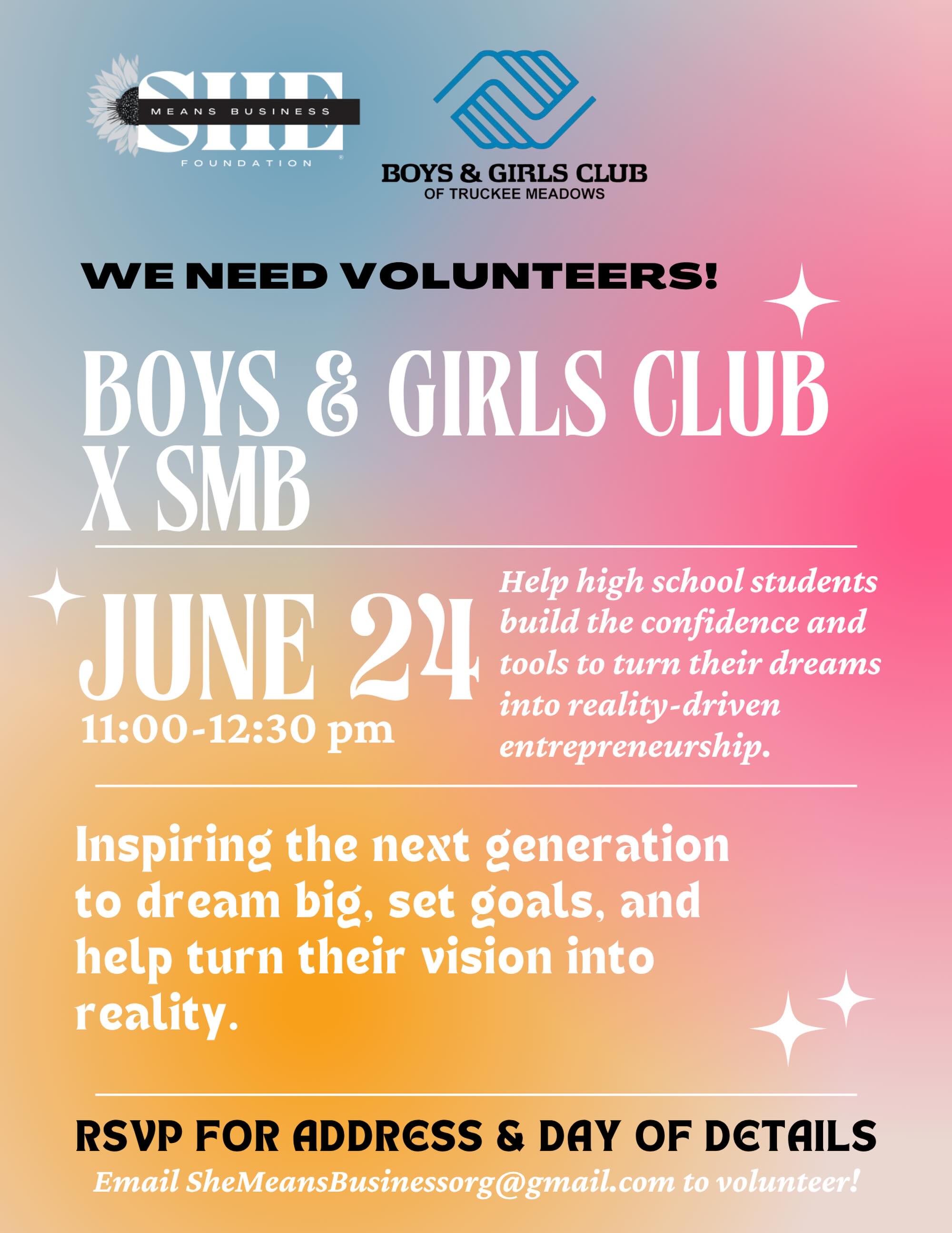 ✨ Volunteers Needed! ✨
Join She Means Business as we support the Boys & Girls Club of Truckee Meadows in inspiring the next generation of entrepreneurs.
We’re looking for volunteers to spend 90 minutes helping high school students dream big, set goals, and build confidence in their future.
📅 June 24
⏰ 11:00 AM – 12:30 PM
Interested in making an impact?
👇 Comment OUTREACH and we’ll send you the details!
#SheMeansBusiness #CommunityImpact #VolunteerOpportunity #FutureEntrepreneurs #DreamBig