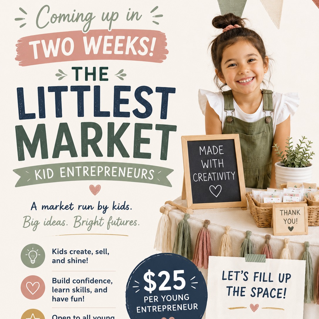 🚨 Calling all young entrepreneurs! 🚨
The Littlest Market is just 2 weeks away, and we're looking to fill every booth with amazing kid-owned businesses!
Does your child make bracelets, artwork, baked goods, slime, crafts, bookmarks, keychains, or other creative items? This is their chance to practice entrepreneurship, build confidence, and sell their creations in a fun, supportive environment.
✨ Booth Space: $25
✨ Open to kid entrepreneurs
✨ A great opportunity to learn, create, and grow
Let's fill the space with big ideas, creativity, and future business owners!
Comment below with what your child plans to sell, or send us a message to reserve a spot.
#playtimeandcompany #buffalomn #LittlestMarket #KidEntrepreneur #YoungEntrepreneur #KidsWhoCreate #PlaytimeAndCompany #SupportSmallBusiness #FutureCEO #KidMade #KidsMarket #BuffaloMN #FamilyFunMN #CreativeKids #ShopSmall #MakersMarket #YoungMakers #MinnesotaFamilies