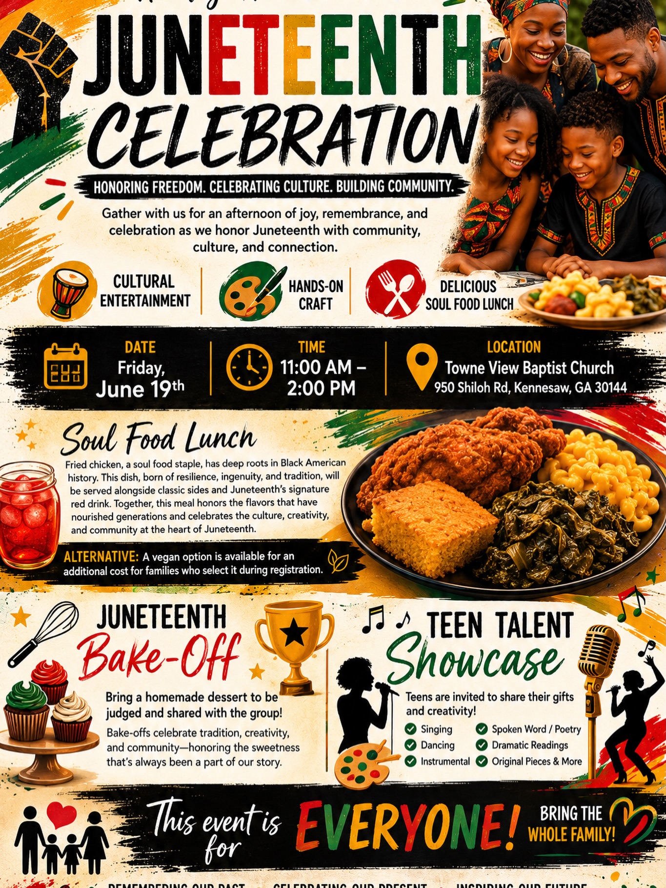 Join us as we gather to celebrate Juneteenth through community, culture, creativity, and connection. ❤️🖤💚
This special Heritage Homeschoolers event will feature cultural entertainment, a hands-on craft, a soul food lunch, a community bake-off, and a teen talent showcase as we reflect on the meaning of freedom and honor the resilience, creativity, and contributions of Black Americans.
Bring the whole family for an afternoon of learning, laughter, and celebration as we remember the past, celebrate the present, and look toward the future together.
📅 Friday, June 19
⏰ 11:00 AM–2:00 PM
📍 Towne View Baptist Church
950 Shiloh Rd, Kennesaw, GA 30144
🎤 Teen Talent Showcase
🍰 Juneteenth Bake-Off
🍗 Soul Food Lunch
🎨 Craft Activity
🎶 Cultural Entertainment
We can’t wait to celebrate with you!
Purchase tickets at HeritageHomeschoolers.org (click on PUBLIC EVENTS)
#Juneteenth #HeritageHomeschoolers #BlackHomeschoolers #JuneteenthCelebration #BlackJoy