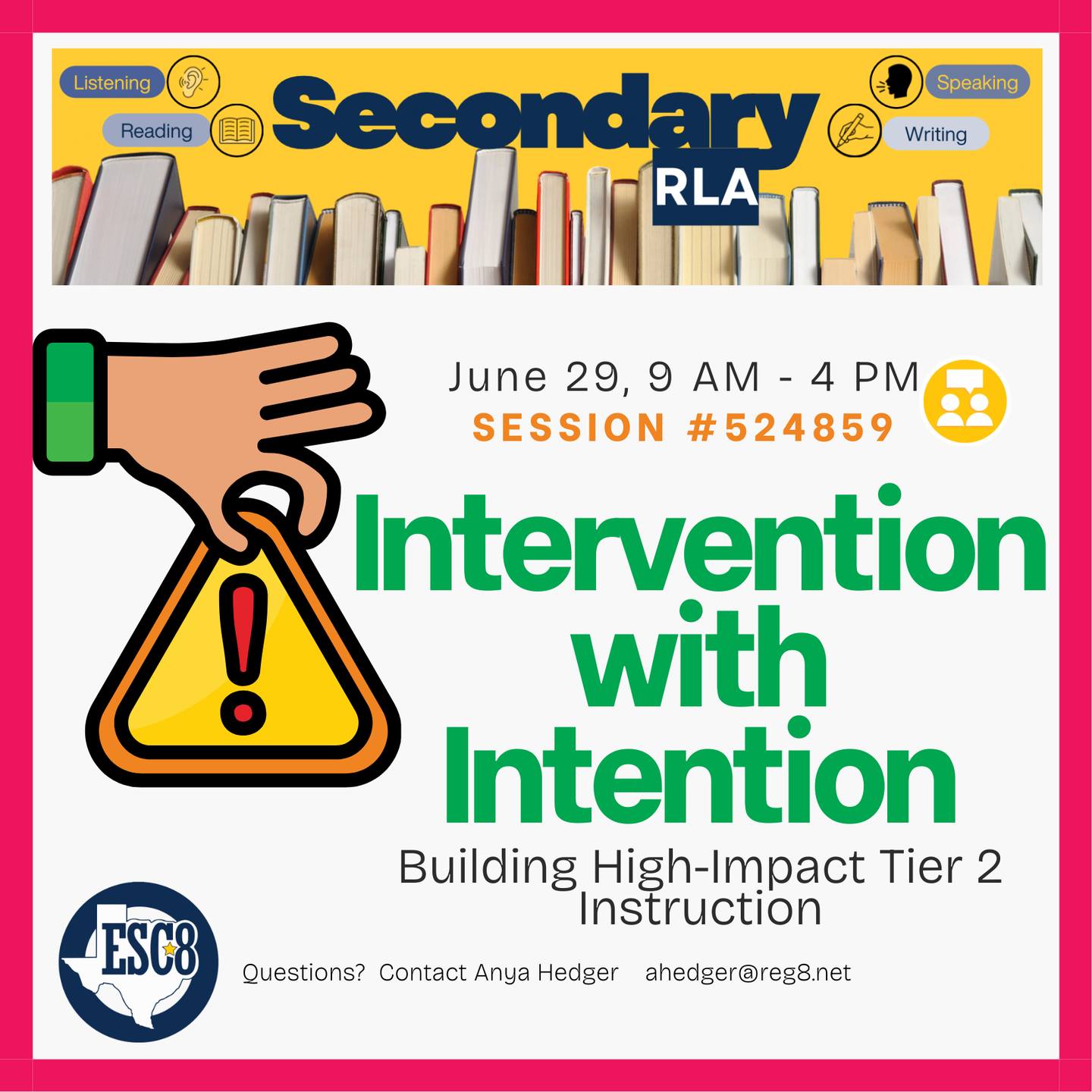 This session helps teachers and instructional leaders move beyond generic intervention blocks to purposeful Tier 2 instruction. Participants will analyze multiple data sources (formative, summative, screeners, writing samples, etc.) to determine specific skill gaps and create dynamic, flexible student groupings. Attendees will leave with a repeatable system for grouping students based on need—not convenience—and a planning template to maximize WIN Time effectiveness.
Register and learn more at:
https://txr8.escworks.net/catalog/session.aspx?session_id=524859