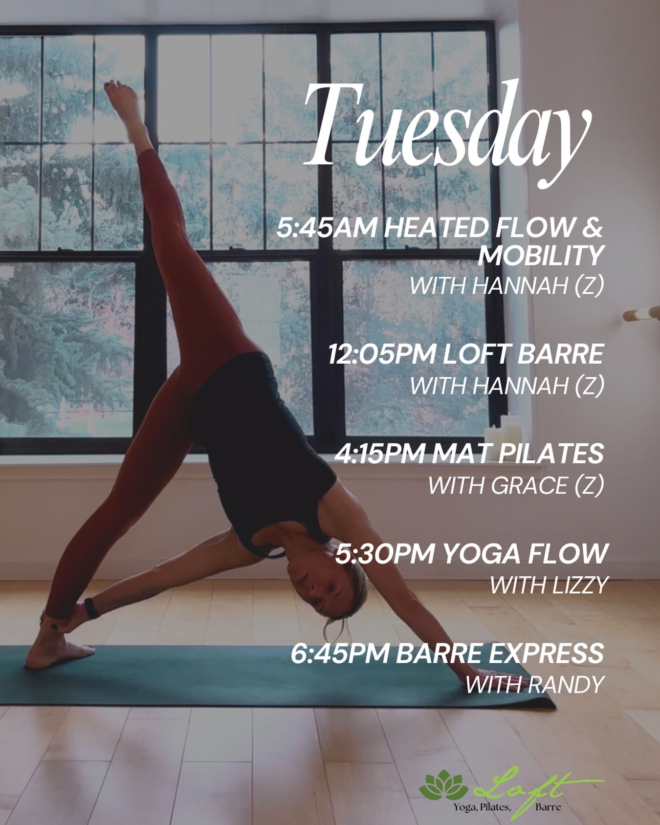 🌱Tuesday Classes🌱
5:45am Heated Flow & Mobility with Hannah (Z)
12:05pm Loft Barre with Hannah (Z)
4:15pm Mat Pilates with Grace (Z)
5:30pm Yoga Flow with Lizzy
6:45pm Barre Express with Randy
Classes with a (Z) also available through Zoom.