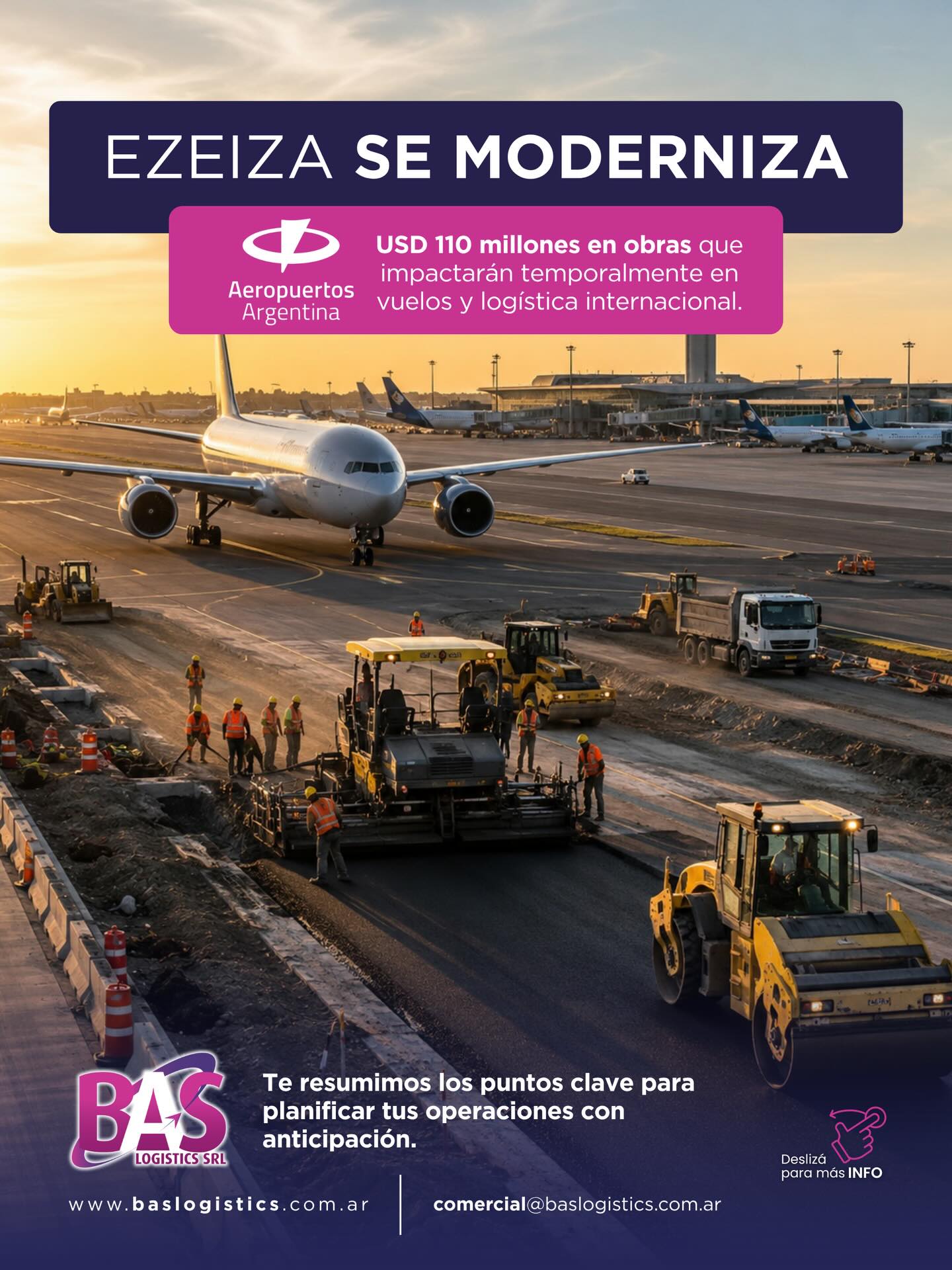 ✈️ Ezeiza inicia una de las obras de modernización más importantes de los últimos años.
Entre octubre y noviembre habrá restricciones operativas que impactarán en distintas aerolíneas internacionales, generando reprogramaciones, escalas técnicas y ajustes en algunas rutas.
Sin embargo, detrás de estas modificaciones temporales hay una inversión de USD 110 millones destinada a mejorar la infraestructura aeroportuaria, ampliar la capacidad logística y optimizar los procesos para pasajeros y cargas.
Para quienes operan en comercio exterior, anticiparse a estos cambios será clave para evitar demoras y planificar embarques con mayor eficiencia.
📦 En BAS Logistics acompañamos a nuestros clientes para que cada operación siga avanzando, incluso cuando el escenario cambia.
#BASLogistics #ComercioExterior #LogisticaInternacional #CargaAerea #Importacion Exportacion Ezeiza SupplyChain Logistica TransporteInternacional Courier FreightForwarder ArgentinaLogistica