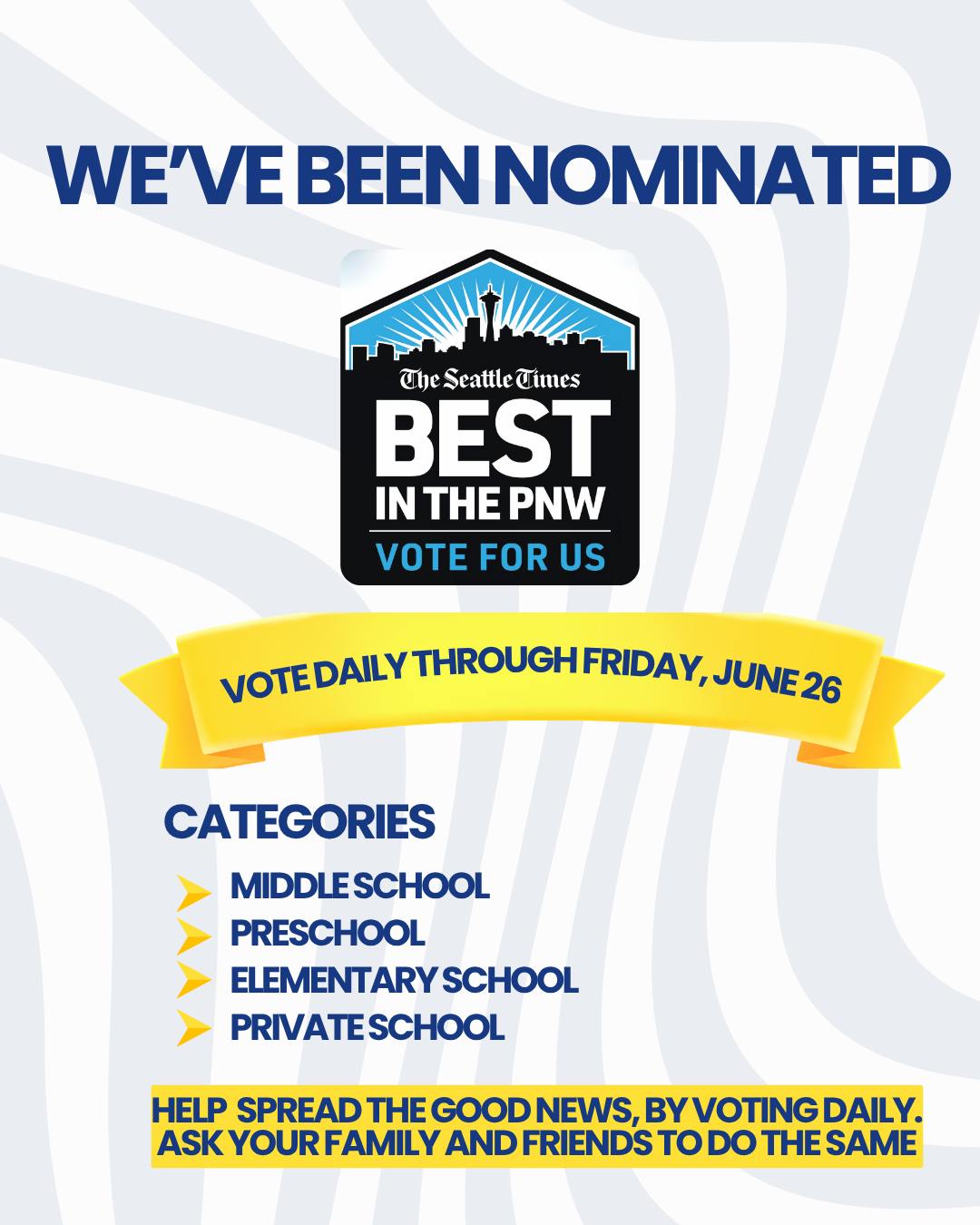 We're Honored to Be Nominated!
We are excited to share that St. Benedict Catholic School has been nominated in the Education category for:
⭐ Middle School
⭐ Elementary School
⭐ Private School
⭐ Preschool
These nominations reflect our commitment to our mission: to nurture the individual, foster intellectual curiosity, encourage spiritual and personal growth, support loving relationships, and promote caring service to the community. Every day, we strive to provide a faith-filled learning environment where students are empowered to grow academically, spiritually, and personally.
How you can help:
Visit https://www.votethepnw.com and vote for St. Benedict Catholic School in all four categories under Education. The best part? You can cast your votes once per day throughout the voting period. The contest allows community members to vote for their favorite schools and organizations across the Pacific Northwest.
Thank you for supporting St. Benedict Catholic School and helping us continue our mission of educating minds, strengthening faith, and inspiring service. Every vote is greatly appreciated! 💙