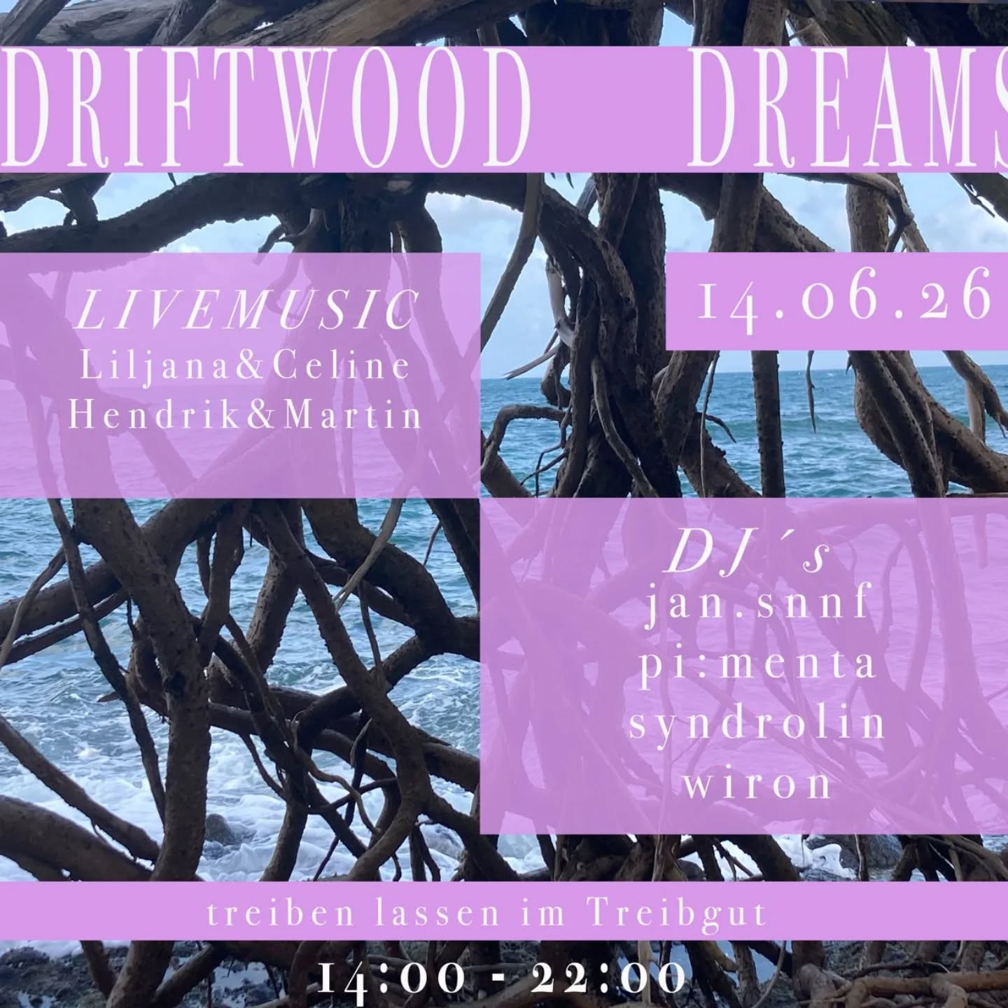🥁🥁🥁🥁🥁🥁🥁🥁🥁
Sonntags.Wurzeln.
präsentiert:
Driftwood Dreams ✨
Der Sommer ruft, und wir tanzen ihm entgegen!
🏖
Am kommenden Sonntag verwandeln wir das Treibgut wieder in eine Oase für all deine Sinne.
🏖
🧜Lass den Alltag hinter dir, spür den Sand zwischen den Zehen und feiere mit uns das Leben.🤸♂
Wann: Sonntag, 14. Juni 14:00 – 22:00 Uhr
Wo: bei Familie Biber in der Waschsiedlung, wo der Kuckuck am lautesten ruft🦝
Das erwartet dich bei unseren Driftwood Dreams:
Live-Musik & DJs: Wir starten den Nachmittag mit handgemachten Live-Klängen und gleiten später über in treibende DJ-Sets, die uns bis in den Abend begleiten.
⚓️
Komm vorbei, schlag mit uns Wurzeln oder wilde Purzelbäume.
⛱
Bring deine Lieblingsmenschen mit – wir freuen uns auf einen schönen Sonntag mit dir!
⛱
Spendenempfehlung 15 Euros 🙏
