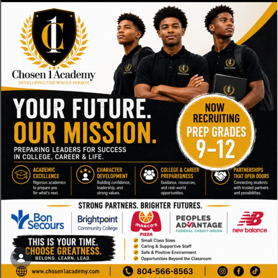 ⚾️ **BASEBALL RECRUITMENT IS NOW OPEN AT CHOSEN 1 ACADEMY** ⚾️
Your future starts here.
Chosen 1 Academy is now recruiting student-athletes in grades **9–12** who are ready to develop both on and off the field. Our baseball program is built for players who want to compete at a high level while receiving the academic support, character development, and college preparation needed for long-term success.
At Chosen 1 Academy, we're committed to developing the whole person—not just the athlete.
***PARENT MEETING COMING SOON***
✅ Competitive baseball development
✅ College and career readiness
✅ Academic excellence
✅ Leadership and character growth
✅ Connections that create opportunities
If you're looking for a program that invests in your future, now is the time to take the next step.
📞 **804-566-8563**
📩 Contact us today to learn more and schedule a visit.
**Your Future. Our Mission.**
#Chosen1Academy #BaseballRecruitment #StudentAthlete #HighSchoolBaseball #BaseballDevelopment #CollegeBaseball #BaseballLife #RecruitingNow #VirginiaBaseball #FutureLeaders #DevelopTheWholePerson #Chosen1Baseball ⚾️🔥