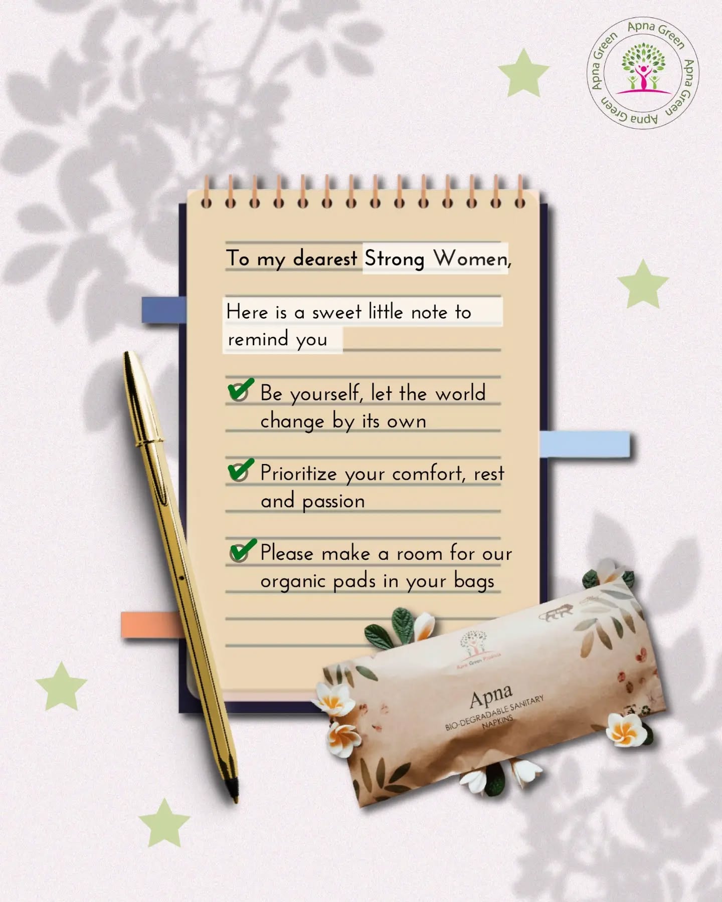 A gentle reminder to all the incredible women out there: your comfort, your rest, and your passions are non-negotiable. 🌿✨
In the hustle of everyday life, remember to choose yourself first. And while you’re out there changing the world on your own terms, let us take care of your comfort. Make room for a healthier, greener choice in your bag today.
Make your periods comfortable and planet-friendly.
Shop Now: Link in bio / www.apnagreen.com
Contact us: +91 9985489681
#ApnaGreen #OrganicPads #BioDegradable #WomensComfort #SelfCareFirst
EcoFriendlyLiving MenstrualHygiene StrongWomen