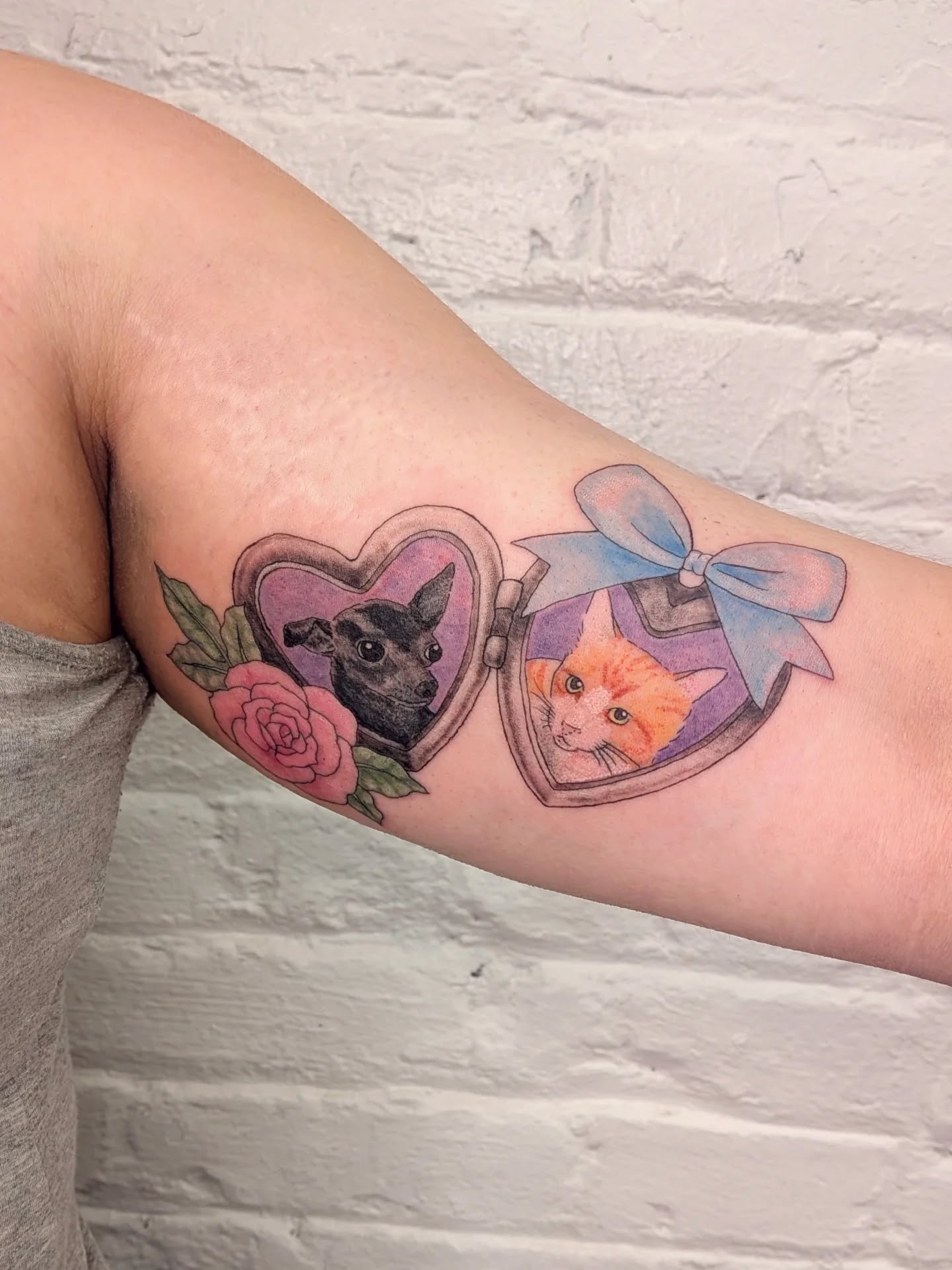 Hard to photograph, but so meaningful 🥹 I loved doing this memorial pet locket for my client Shannon ~ Her babies Gir and Reba used to sleep together in the crook of her arm. Now they are there together for always 🩷 from my lil guest spot @nicetrytattoo~ thank you for having me!!!
I am really proud of this piece but I do imagine we will need to touch some spots up after it heals! It's such a tender spot 🥹🥹 she did great though!!
My books are open through July @havenstudionyc in NYC + I have some availability @daisychain.tattoo on July 25 ~ fill out my form to book with me 😊