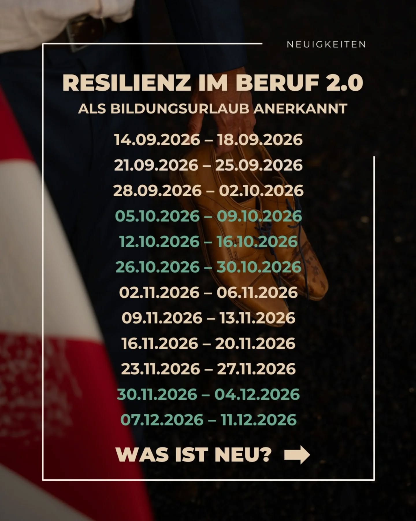 Bildungsurlaub "Resilienz im Beruf 2.0" ist jetzt offiziell anerkannt. 🌊
Neue Räume. Neuer Block im Stundenplan. Dieselbe Überzeugung: Echte Veränderung entsteht außerhalb der Komfortzone.
Eine Woche Surfen, Yoga, moderierte Praxisreflexion und wissenschaftlich fundierte Methoden – damit du nicht nur weißt, wie Resilienz funktioniert, sondern sie wirklich lebst.
👉 Link in Bio oder einfach DM.
#resilienz #bildungsurlaub #oceanfusedtraining #stressmanagement #beruflicheweiterbildung