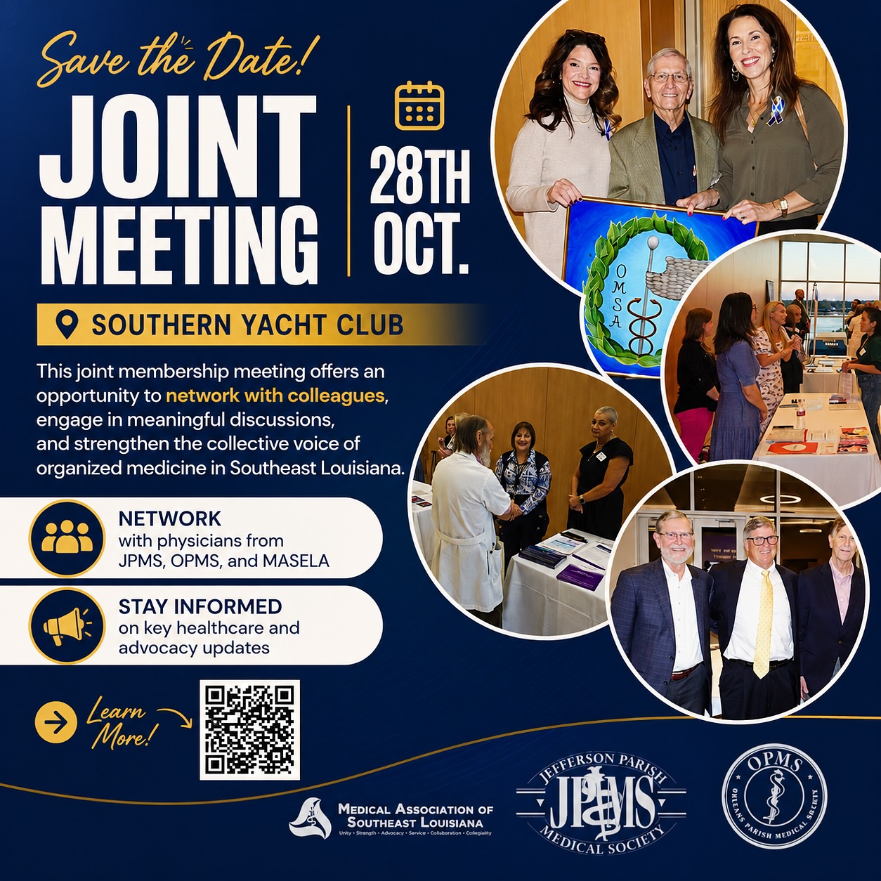 New Date & Location Announced! ๐ฃ
Save the date! Our Annual Joint Membership Meeting will now take place on October 28, 2026, at the beautiful Southern Yacht Club โต
Join members of JPMS, OPMS, and MASELA for an evening of:
๐น Networking with colleagues
๐น Collaboration and meaningful discussions
๐น Updates impacting organized medicine in Southeast Louisiana
๐น Celebrating our shared accomplishments
We look forward to bringing our physician community together and continuing to strengthen the voice of medicine across our region.
๐ Southern Yacht Club
๐
October 28, 2026
๐ Register with link in bio!
We hope to see you there!
#JPMS #OPMS #MASELA #OrganizedMedicine #LouisianaPhysicians
