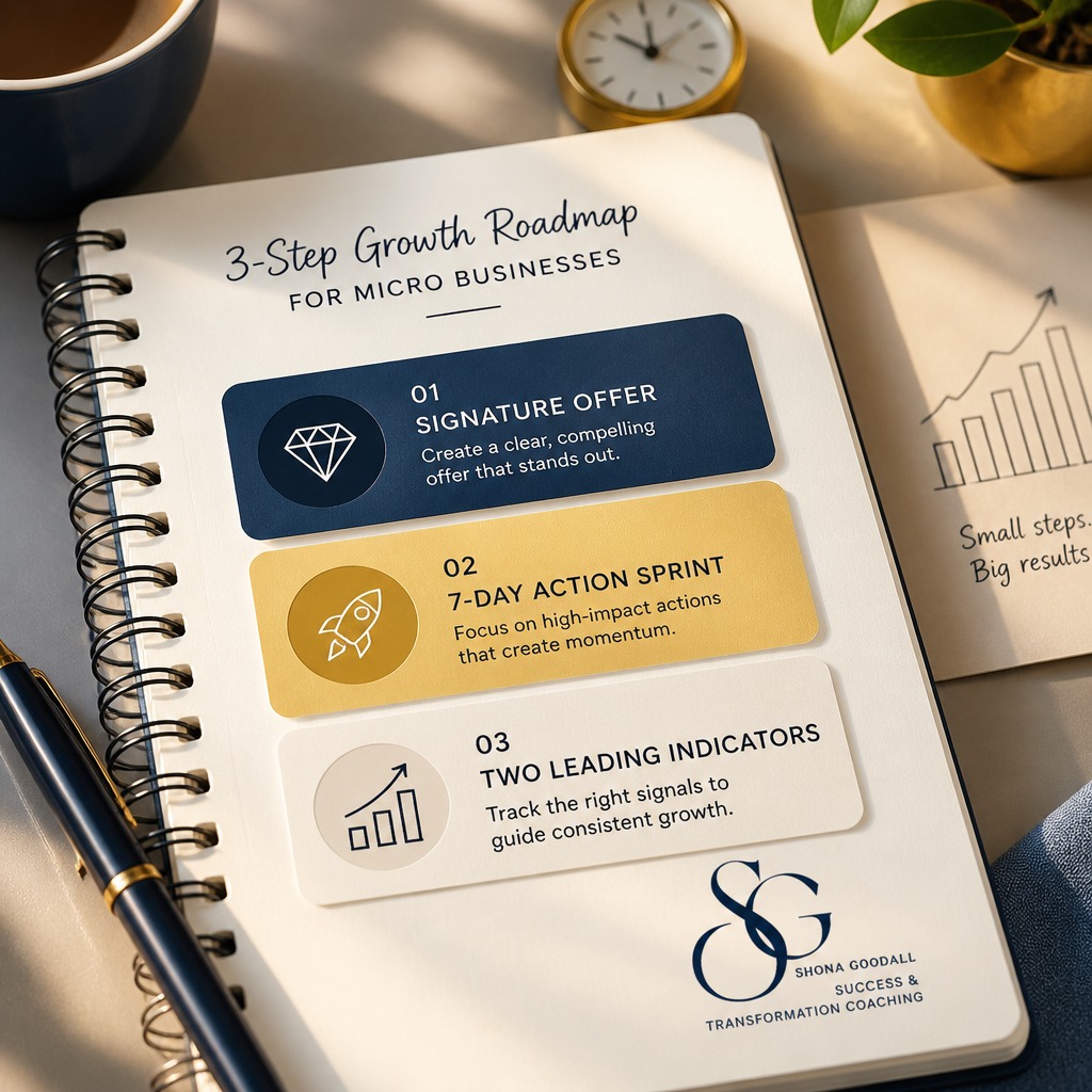 Ready to grow this week? Try this 3-step sprint from Shona’s coaching playbook. 1) Clarify one signature offer — 60 minutes. Outcome: a clear pitch you can use today. 2) Run a 7-day action sprint — 30–60 minutes daily. Outcome: real leads and feedback. 3) Track two leading indicators — 5 minutes daily. Outcome: know what’s working fast. I’ll help you tweak things quickly so it fits your family life and packed schedule. Want personalised tweaks? Link in bio 💪✨📈🔥 #SmallBiz #Mompreneur #BusinessSprint #MicroBusiness #EntrepreneurLife #7DaySprint #FastWins #ShonaCoaching