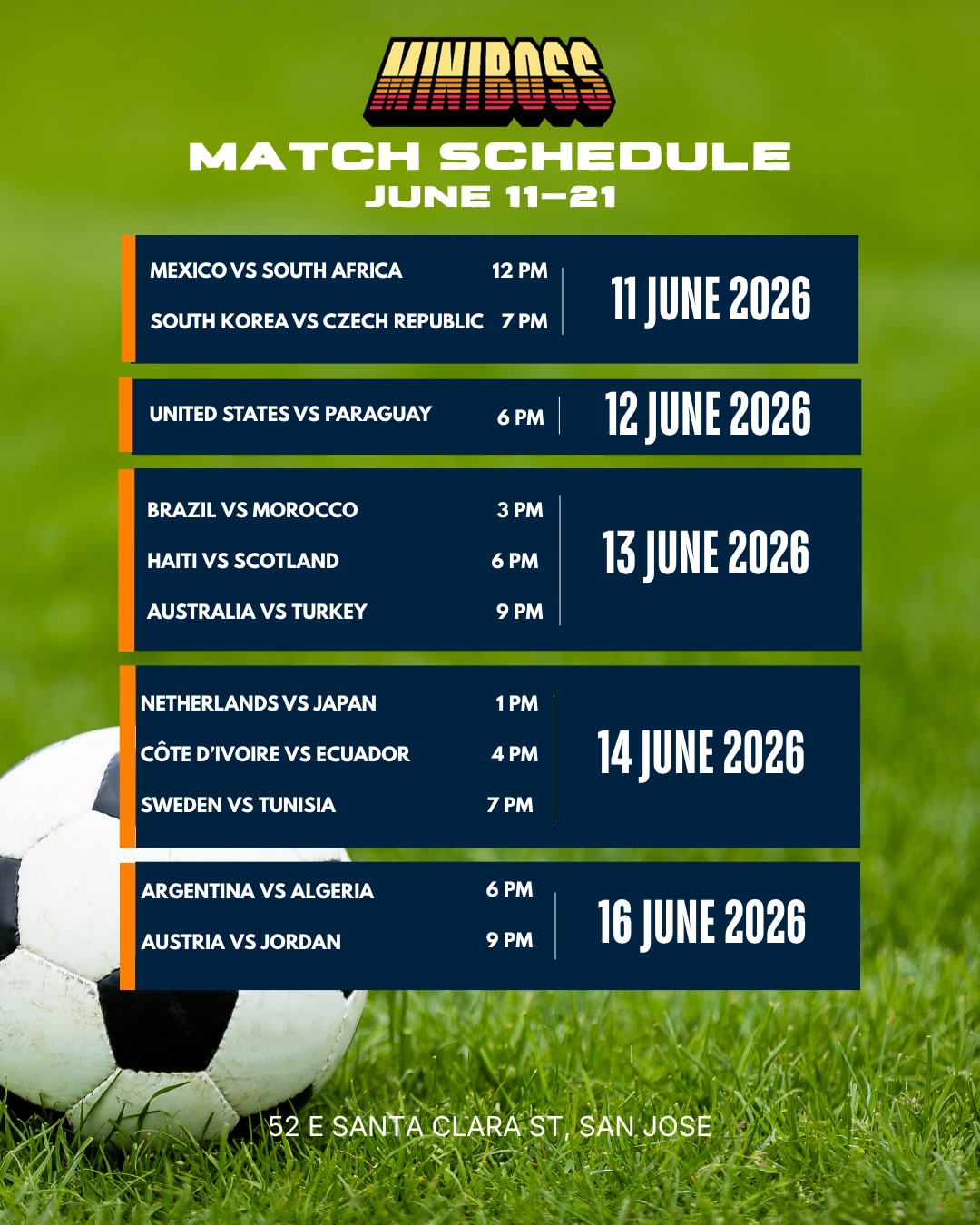For this month, our schedule revolves around soccer. ⚽🔥
We’re showing matches live across all screens, plus food and drink specials throughout the tournament. Check the schedule and start making plans. 🍻
#soccermatch #soccertournament #matchday #bayarealovessoccer #downtownsanjose
