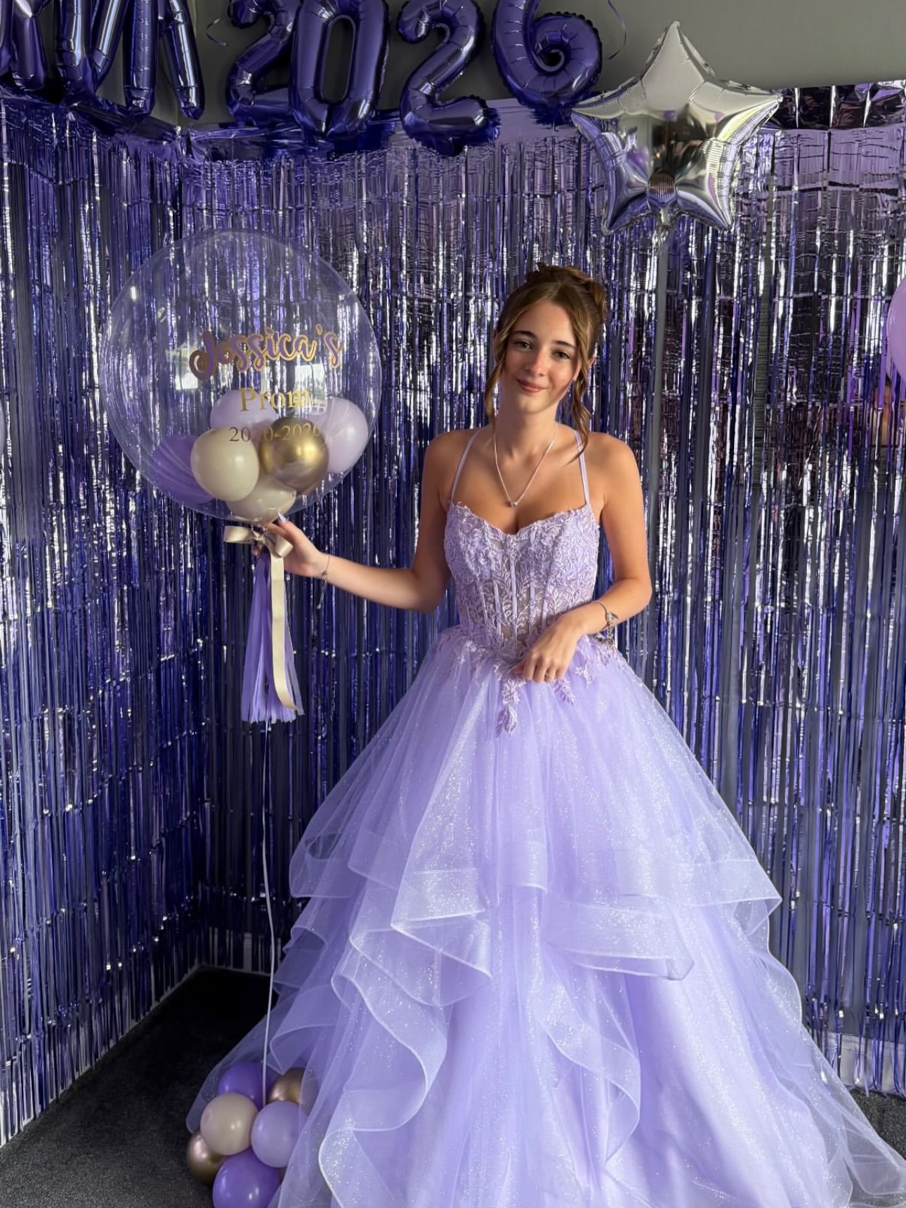 💫 The sparkle, the layers, the perfect lavender hue… Jessica @jessicaxstewart @amandastewart7753 looks absolutely radiant in our Meadow Ball Gown. 💜✨ #promroayleglasgow #promseason #prom2026 #