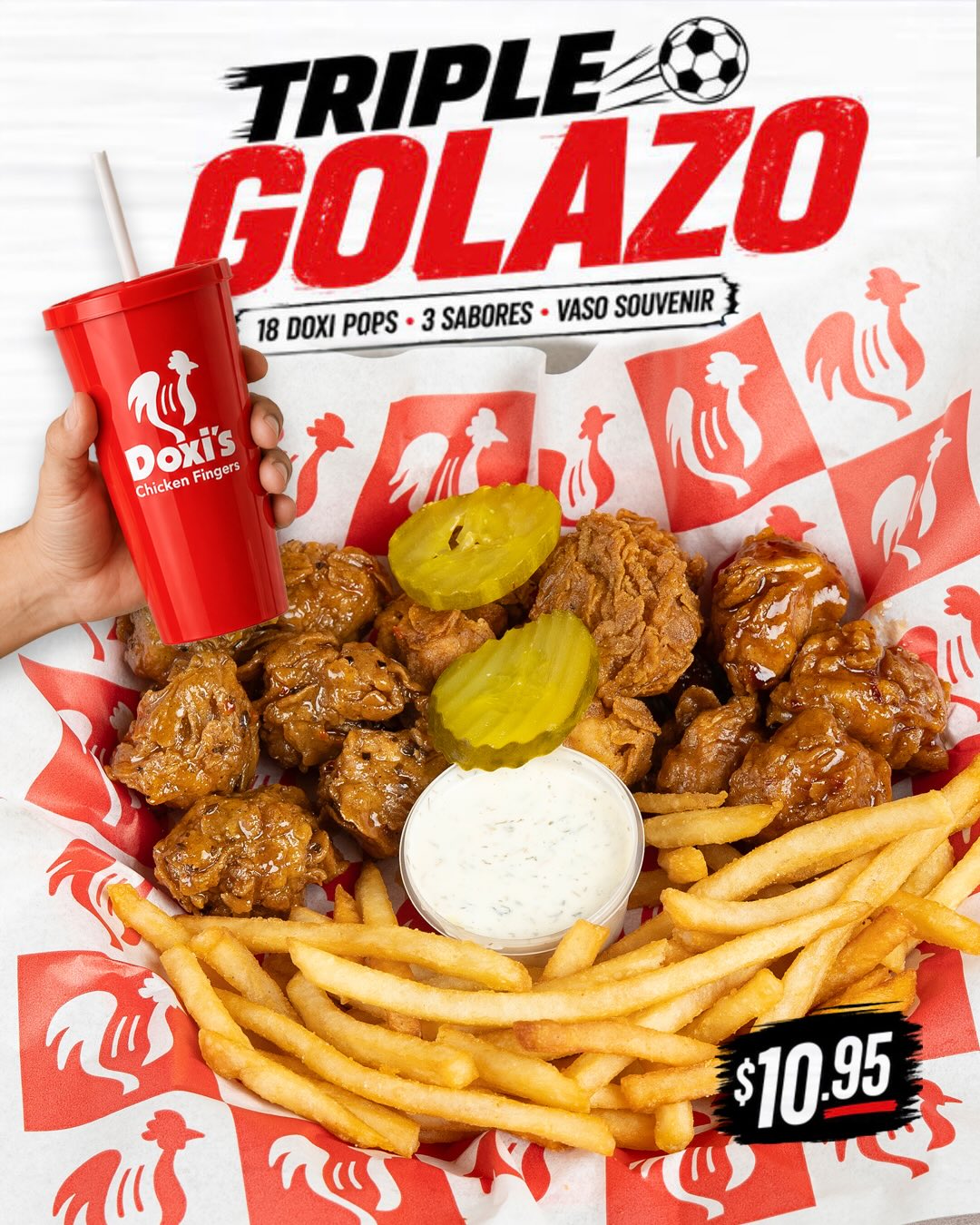 Anota un Triple Golazo ⚽️ con este combo que está en bomba para ver los partidos.
Incluye 18 Doxi pops de 3 sabores diferentes: Nashville Style (picantito), Honey Chipotle (picantito pero también dulcito) y Coco loco (la salsa que tanto extrañaste) + 1 side y 1 bebida refill en tu vaso souvenir de Doxis por $10.95.
Si en tus próximas visitas vienes con tu vaso souvenir y compras una cajita de chicken fingers o cualquier otro plato del menú, tendrás refill gratis hasta que termine el evento.
El combo Triple Golazo solo está disponible en la sucursal de Costa del Este, en la plaza del Super 99.
#Doxifícate en este temporada de #futbol y no olvides escuchar nuestro tema oficial “Nadie nos para” en todas las plataformas de streaming.