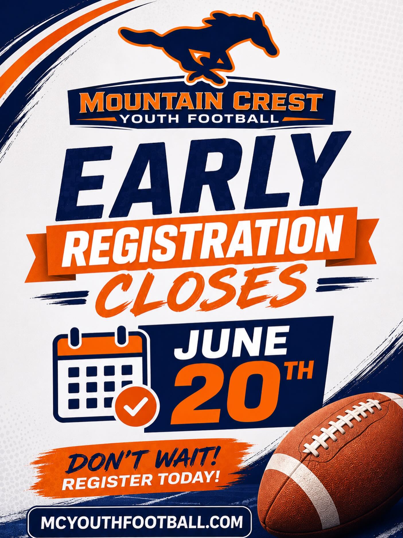Early registration is closing soon 🏈🏈
REGISTER NOW!
>>> mcyouthfootball.com