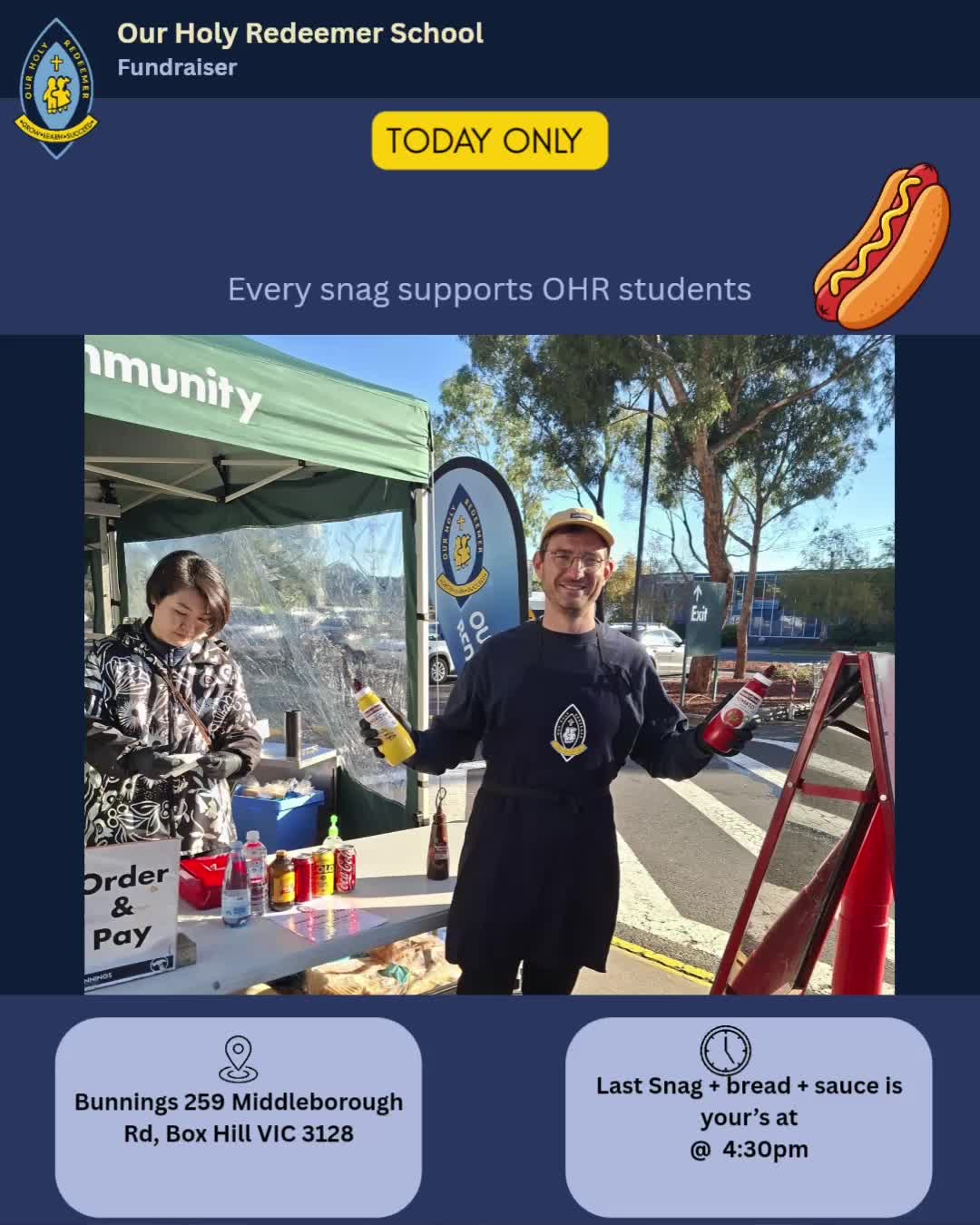 Come say g'day to our volunteers and grab a well-earned snag @bunnings . All proceeds go directly to supporting students at OHR. 🙏