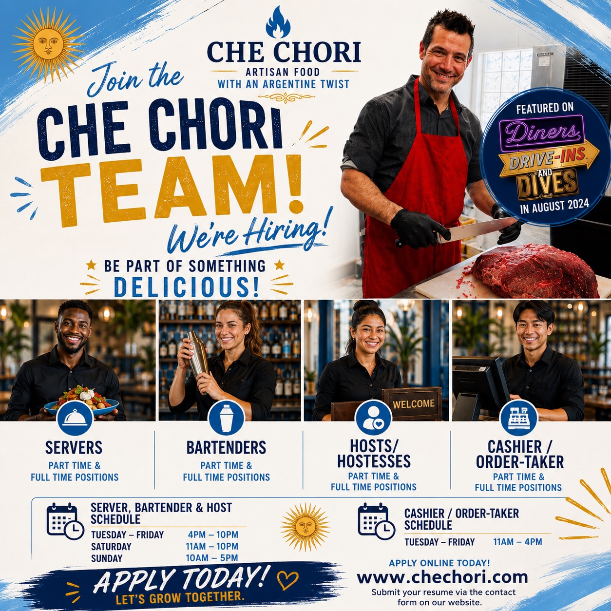 🚨 We’re Hiring! 🚨
As we prepare to welcome guests into our expanded dining room, we’re growing our team!
We’re currently hiring for immediate start:
🍽️ Servers
🙋 Hosts / Hostesses
💵 Cashiers / Order-Takers
🍴 Bartenders
⏰ Part-Time & Full-Time Opportunities Available
If you’re hardworking, dependable, friendly, and love being part of a fast-paced team, we’d love to hear from you.
📍 Indianapolis, IN
To apply, please submit your resume through the contact form on our website: Scroll to Bottom of home page and select “CONTACT US”
🌐 www.chechori.com
Come help us share great food, culture, and hospitality with our community. ❤️🇦🇷
#CheChori #NowHiring #IndianapolisJobs #HiringIndy #RestaurantJobs IndyRestaurants ServerJobs HostJobs CashierJobs BartenderJobs JoinOurTeam