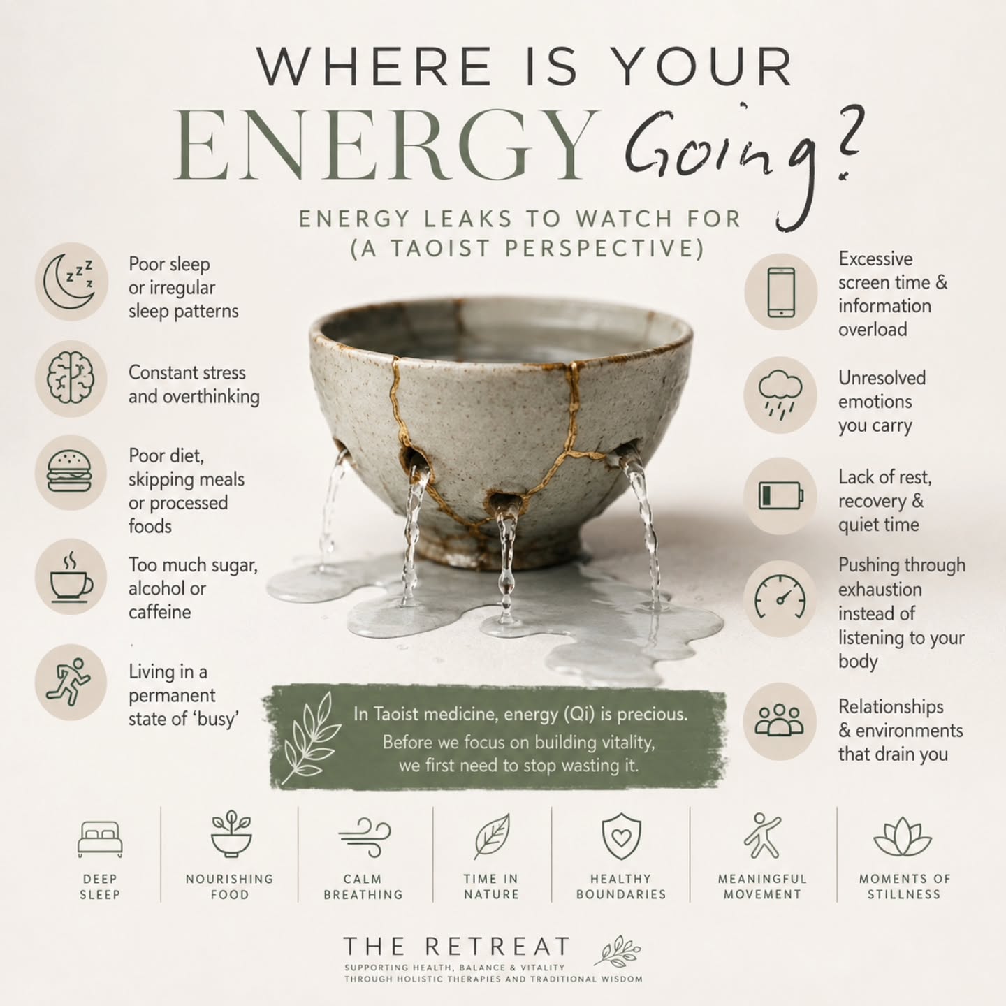 WHERE IS YOUR ENERGY GOING?
A Taoist perspective on modern energy leaks!
In Taoist medicine, health isn't just about creating more energy, it's about protecting the energy you already have.
Imagine trying to fill a bucket while water is pouring out through holes in the bottom. No amount of supplements, treatments, coffee, or motivation can fully compensate for constant energy loss.
Some of the most common energy leaks in modern life include:
• Poor sleep or irregular sleep patterns
• Constant stress and overthinking
• Skipping meals or eating highly processed foods
• Too much sugar, alcohol, or caffeine
• Living in a permanent state of "busy"
• Excessive screen time and information overload
• Unresolved emotions that are continually carried rather than processed
• Lack of rest, recovery, and quiet time
• Pushing through exhaustion instead of listening to the body's signals
• Relationships and environments that leave you feeling drained
In Taoist understanding, energy (Qi) is precious. Before we focus on building vitality, we first need to stop wasting it.
True vitality comes from:
Deep, restorative sleep
Nourishing food
Calm breathing
Time in nature
Healthy boundaries
Meaningful movement like qigong
Moments of stillness and meditation
Sometimes the most powerful healing isn't adding something new. It's identifying what is quietly draining you and gently closing the leak.
Ask yourself:
What is currently costing me the most energy, and what small change could I make this week to protect it?
The Retreat Supporting health, balance, and vitality through holistic therapies and traditional wisdom.
#takecontrolofyourwellbeing #wellbeingworkshops #wellnessthatworks #wellbeing #acupuncturetamworth Qigong meditation