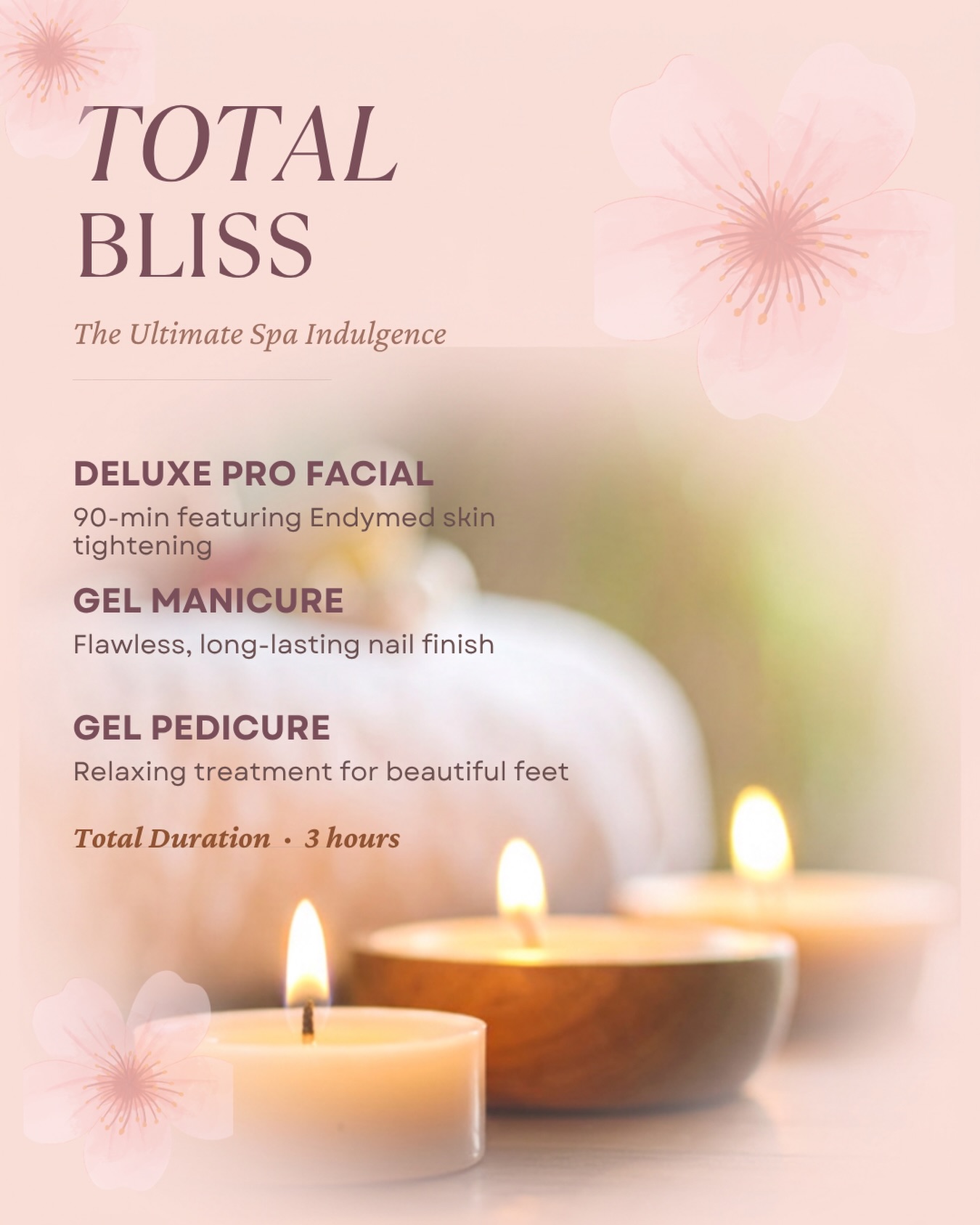 Immerse yourself in Total Bliss — three hours of pure indulgence.
✨ 90 minutes of rejuvenating Endymed skin tightening
💅 Flawless gel manicure for lasting shine
🦶 Relaxing gel pedicure for beautiful, pampered feet
Your ultimate escape awaits — serenity, glow, and perfection in one experience.