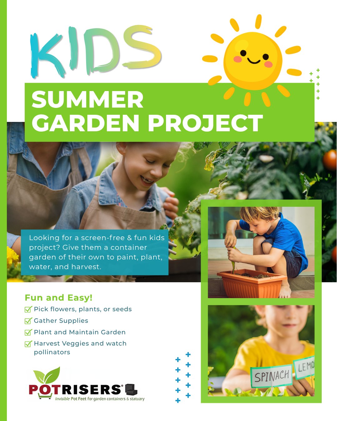 Kids Container Garden Project 🌱
Looking for a screen-free, simple and fun, summer activity? Give kids a container of their own to plant, water, and watch grow.
Whether it's flowers, herbs, or vegetables, container gardening helps children learn patience, responsibility, and a little bit of garden magic.
Bonus tip: Elevate containers with Potrisers® to improve drainage and airflow while helping protect patios and containers.
#Potrisers #ContainerGardening #KidsGarden #GardeningWithKids #GardenProjects #FamilyGardening #SummerGarden #GrowYourOwnFood #GardenInspiration #RaisedContainers #GardenTips #PatioGarden #KidsActivities #GardenFun #OutdoorActivitiesForKids #BoredomBusters #FamilyTime