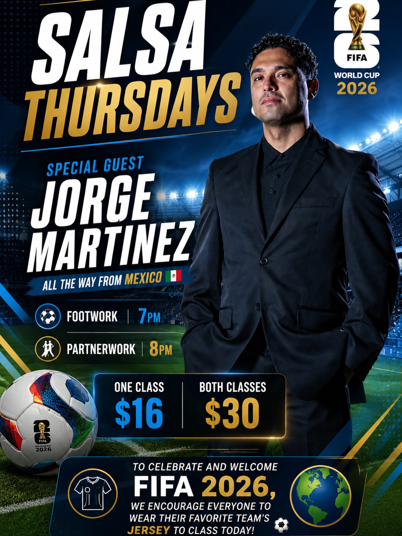 🚨🔥 SALSA THURSDAYS IS HERE! 🔥🚨
Tonight we’re turning up the heat with a special guest instructor all the way from Mexico, Jorge Martinez! 🇲🇽💃🕺
✨ 7:00 PM – Footwork
✨ 8:00 PM – Partnerwork
💲 $16 for one class
💲 $30 for both classes
⚽🌎 FIFA 2026 is coming! To celebrate and welcome the world’s biggest soccer event, we invite everyone to rock their favorite team’s jersey to class tonight! 🇨🇦🇲🇽🇦🇷🇧🇷🇫🇷🇪🇸
Whether you’re representing your country on the dance floor or sharpening your salsa skills, this is a night you won’t want to miss! Bring your friends, your energy, and your team spirit for an unforgettable evening of dancing, music, and community.
🔥 Learn. Dance. Connect. Celebrate. 🔥
See you tonight!