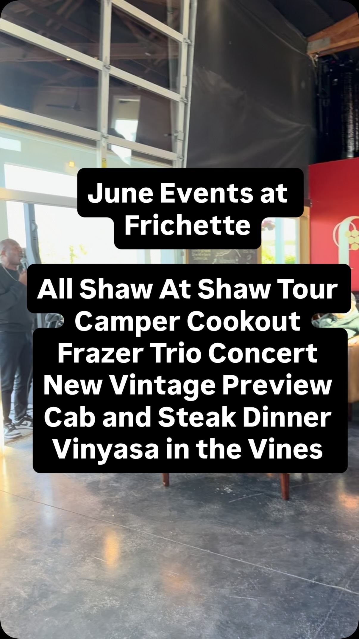 We’ve packed June with experiences to help you slow down, connect, and enjoy incredible wine in some pretty spectacular settings:
🍇 6/13 All Shaw Cab at Shaw Vineyard — At this offsite vineyard tour and tasting we pull the last bottles of Shaw Cab from library to share with you at the source.
🔥 6/19 Camper Cookout — RV at our Estate for the weekend.
🎶 6/20 The Frazier Trio — Live music, tacos, vineyard views, and a glass that’s always full.
🍷 6/26 Reserve Cru New Vintage Preview — Be among the first to taste what’s next from Frichette.
🥩 6/27 Cabernet Sauvignon Dinner — An evening celebrating vineyard-designate Cabernet Sauvignons, thoughtfully paired with four cuts of steak.
🧘♀️ 6/28 Vinyasa in the Vines — Yoga by the vines, fresh air, and a little balance before wine o’clock.
The best memories happen around a table, in a vineyard, with a great glass of wine and great humans (and pets). June is full of opportunities to do exactly that.
Some events have limited seating, and sell out. Secure tix now.
Visit our events page and grab your tickets today.