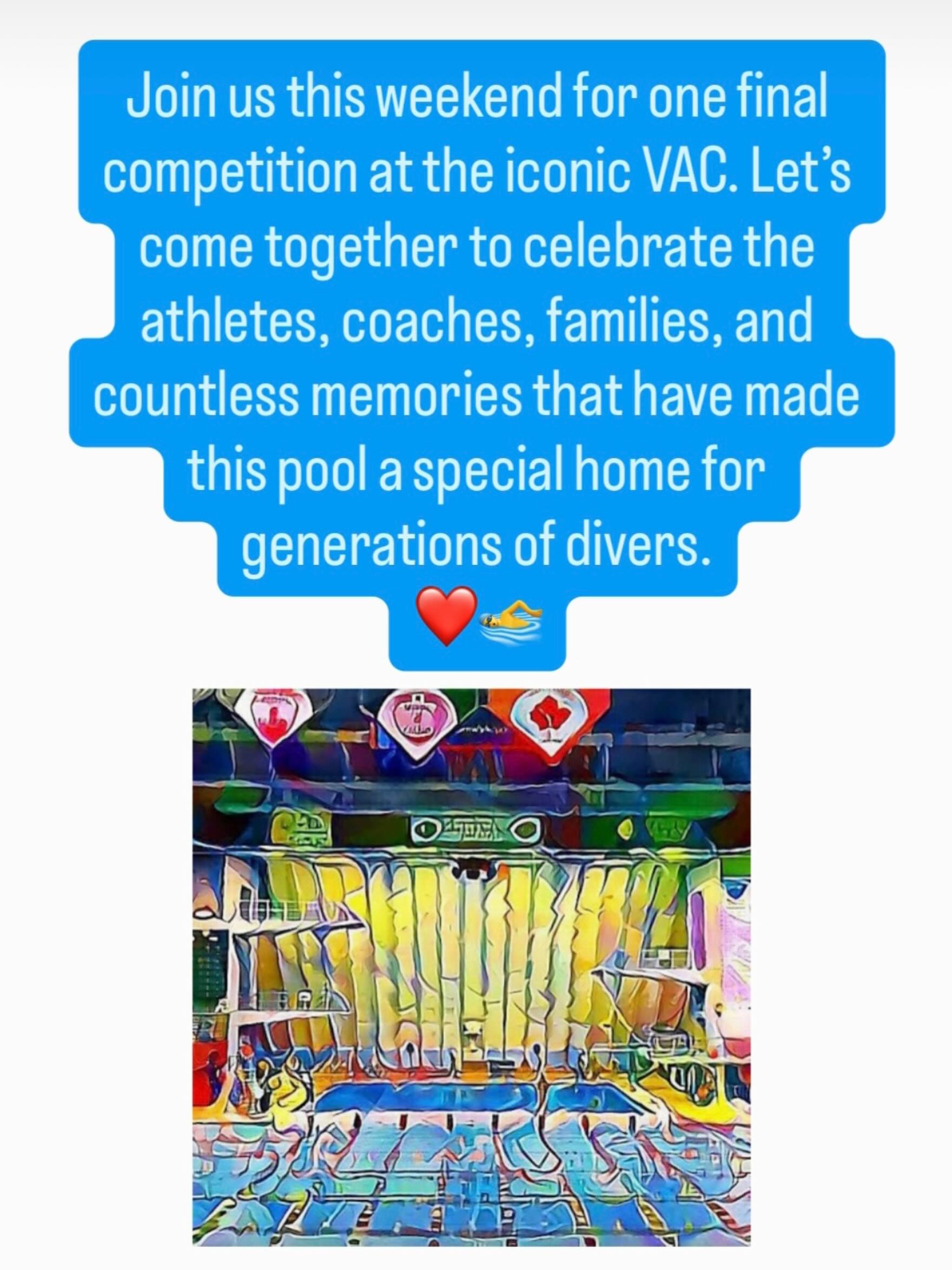 Join us this weekend for one final competition at the iconic VAC. Let’s come together to celebrate the athletes, coaches, families, and countless memories that have made this pool a special home for generations of divers. ❤️🏊♂️