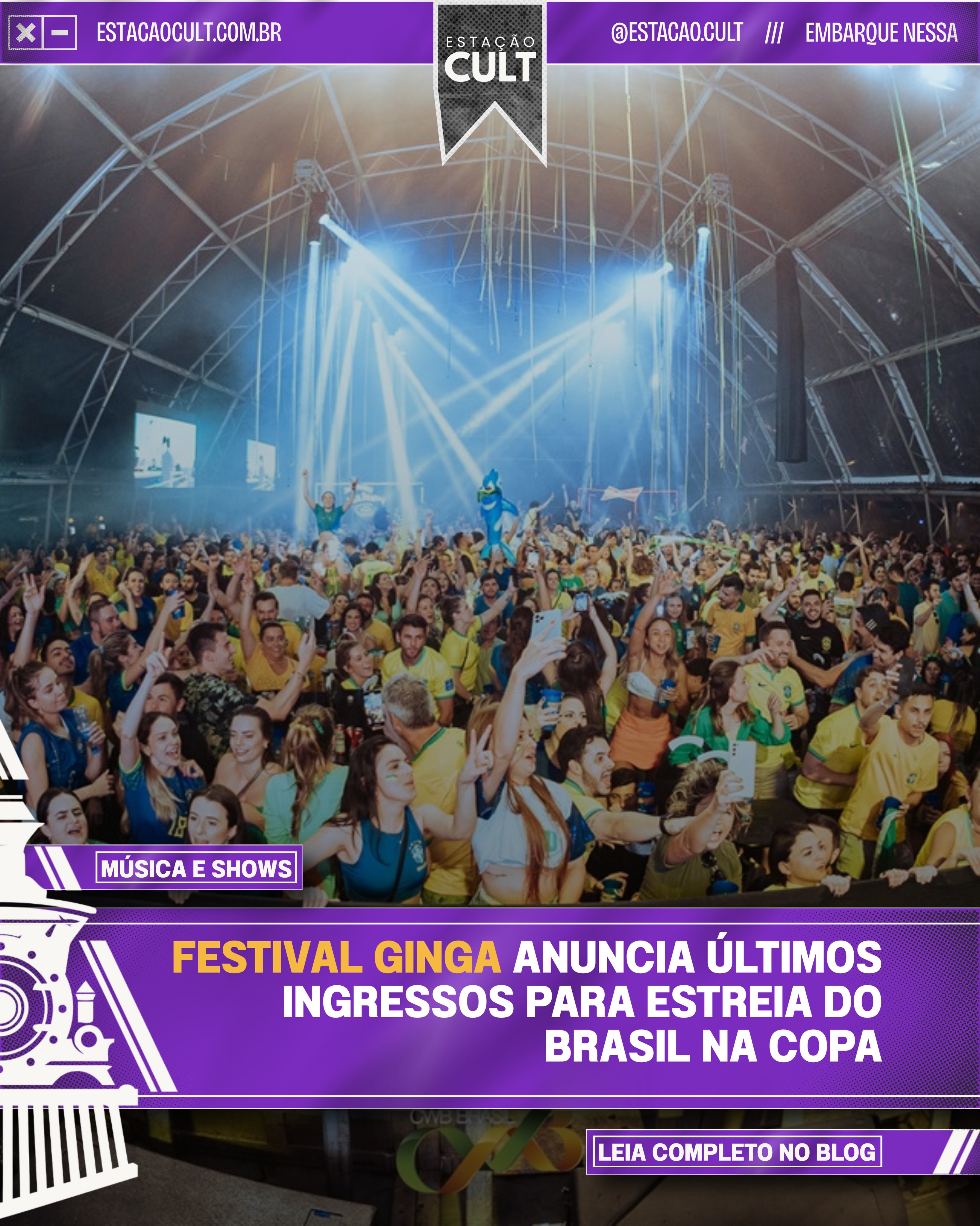 A estreia do Brasil na Copa já tem endereço em Curitiba: Festival Ginga. ⚽🎶
No dia 13 de junho, o Complexo Durival de Britto recebe a torcida para acompanhar Brasil x Marrocos em telões de alta definição, com abertura dos portões às 15h e jogo da Seleção às 19h. E para transformar a estreia em festa, a programação ainda terá Banda Eva, Ruan Mansur, MKND e arena de futevôlei. 🔥
Licenciado pela FIFA, o Festival Ginga promete unir futebol, música, convivência e experiência ao vivo em uma das maiores celebrações da Copa em Curitiba. A programação segue até 19 de julho, com shows de nomes como Kamisa 10, Tomate, Matuê, Dennis DJ e Sundayz.
Os ingressos para o primeiro jogo estão nos últimos lotes. Você assistiria à estreia do Brasil nesse clima?
Siga o Estação Cult para acompanhar mais eventos, shows e experiências em Curitiba. Leia a matéria completa no blog Estação Cult.
#estacaocult #festivalginga #copa2026 #curitiba #brasil