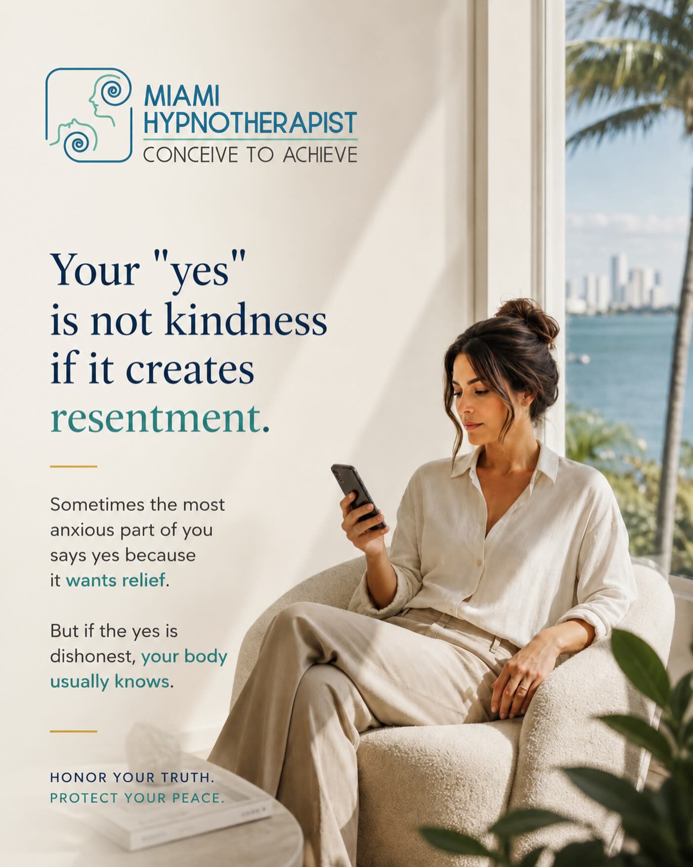 Not every “yes” comes from desire.
Sometimes it comes from guilt.
Sometimes it comes from fear of disappointing someone.
Sometimes it comes from wanting immediate relief from an uncomfortable conversation.
And that is where resentment often begins.
A helpful question to ask yourself is:
“Would I still say yes if I knew nobody would be upset with me?”
Your body often knows the answer before your mind does.
The tension.
The hesitation.
The feeling in your stomach.
Those signals are not always something to ignore.
Hypnotherapy can help you become more aware of subconscious patterns that drive people-pleasing, anxiety, and self-sacrifice so you can make choices that feel more honest, balanced, and aligned with who you truly are.
Honor your truth.
Protect your peace.
🌀 Miami Hypnotherapist
Conceive to Achieve
DM me to learn more about hypnotherapy sessions in Miami or online.
#MiamiHypnotherapist #HypnotherapyMiami #PeoplePleasing #AnxietyRelief #MiamiWellness