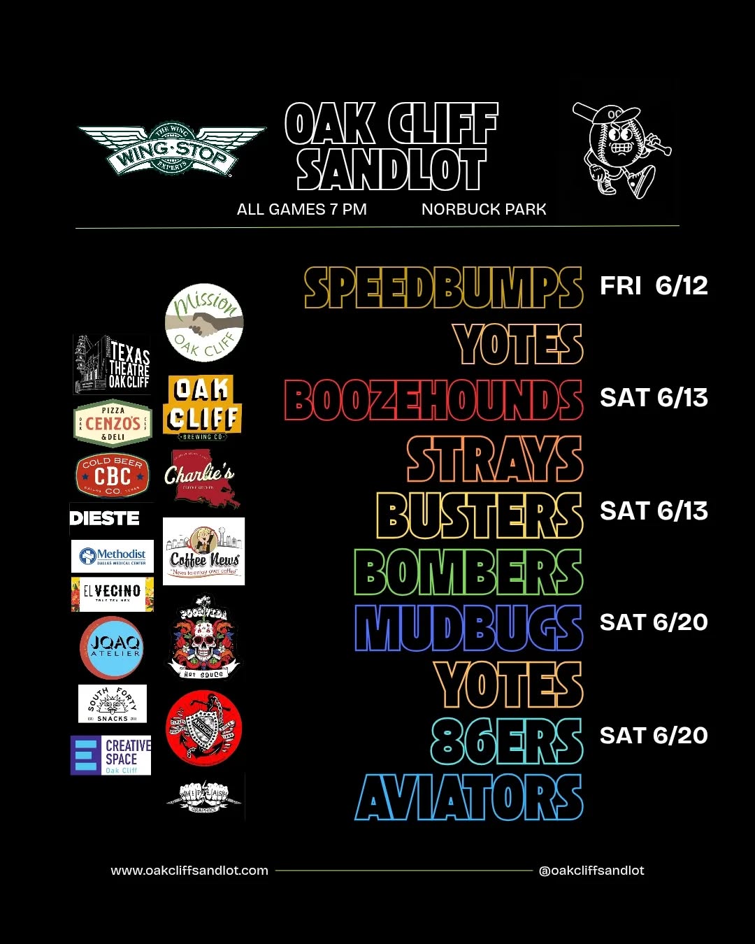 Locked and loaded for June.
$5 shirts benefiting @missionoakcliff will be available at all games till sold out.
#LetsDoBaseball
www.oakcliffsandlot.com
-
#oakcliffsandlot #sandlotrevolution #coedbaseball #sandlotbaseball