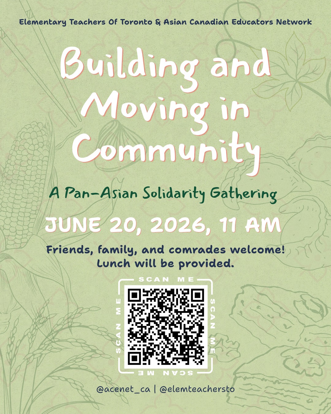 Join us for "Building and Moving in Community: A Pan-Asian Solidarity Gathering," an afternoon lunch on Saturday, June 20, at 11 AM.
Together, Asian educators and community members will gather over food, storytelling, and dialogue to build relationships rooted in care, equity, solidarity, and collective responsibility.
We hope to see you there! 🌻
#SolidarityInAction #PanAsianSolidarity #AsianCanadianEducators #AsianSolidarity #CommunityCare #CollectiveResponsibility #EquityInEducation #AntiRacism #JusticeAndBelonging #BuildingCommunity #CommunityOrganizing #EducatorsForEquity #CareAndSolidarity #SystemsChange #EquityAndJustice #StrongerTogether