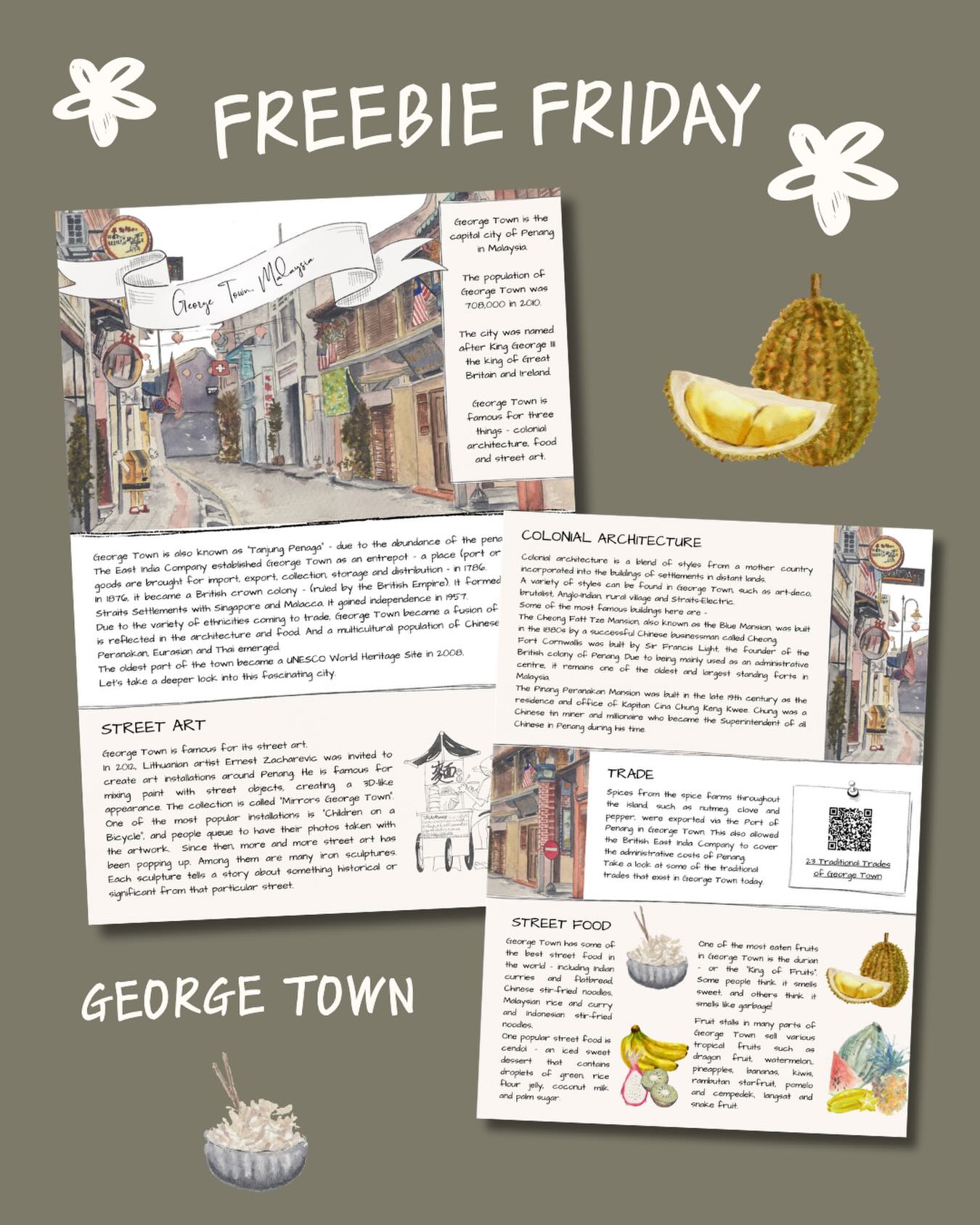 Freebie Friday//George Town
.
George Town is the capital city of Penang, Malaysia. It is famous for its colourful street art, historic buildings, and delicious food. George Town is a UNESCO World Heritage Site and reflects a mix of different cultures, including Malay, Chinese, and Indian influences.
.
Link in bio #freehomeschoolresources #freelearning #homeschoolingmom #freebiefriday #homeeducation