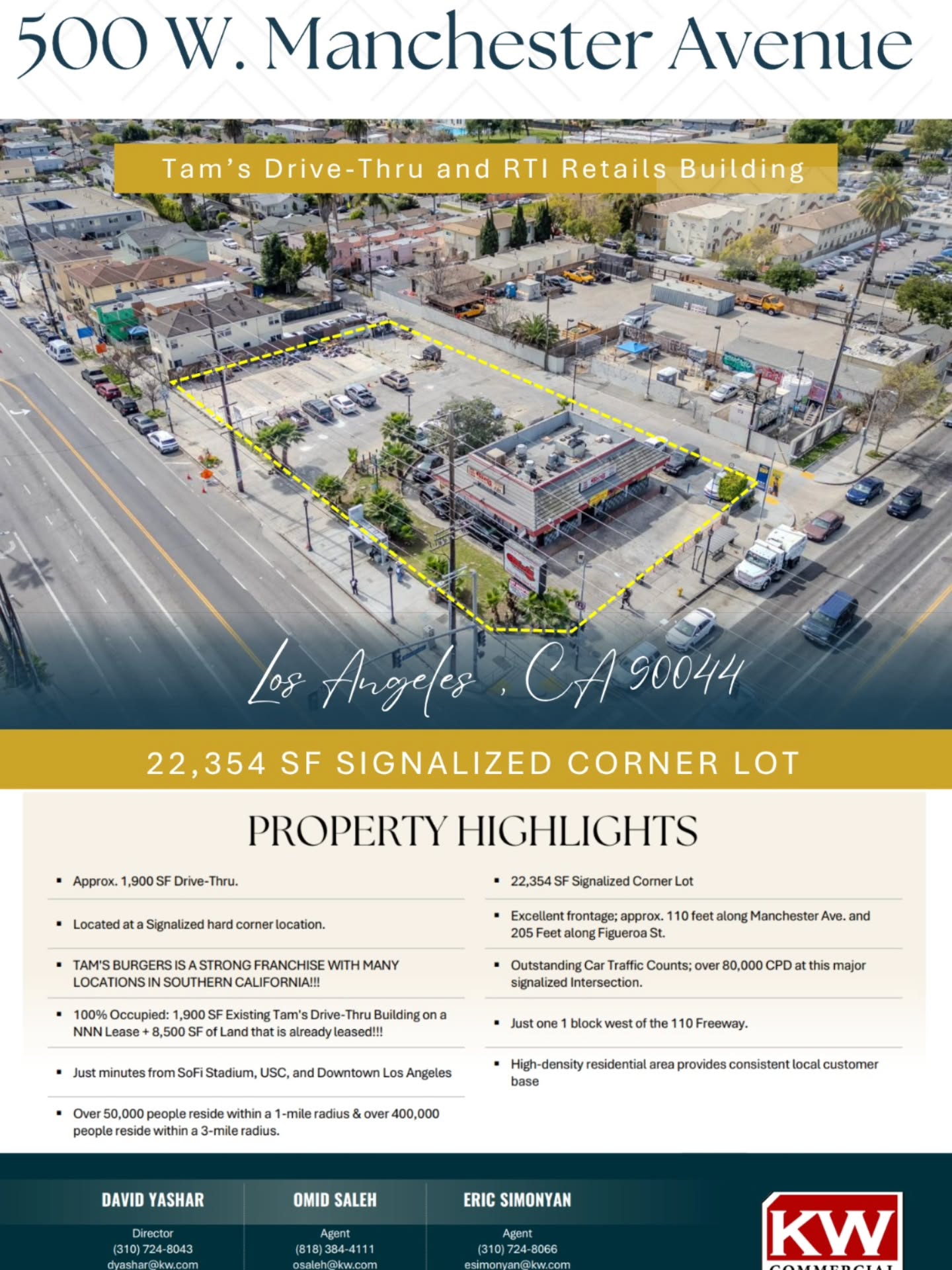 Prime Corner Opportunity in South LA 🔥 22,354 SF signalized corner lot featuring Tam’s Drive-Thru and RTI retail potential at one of LA’s busiest intersections.
Contact the David Yashar Team for more details.