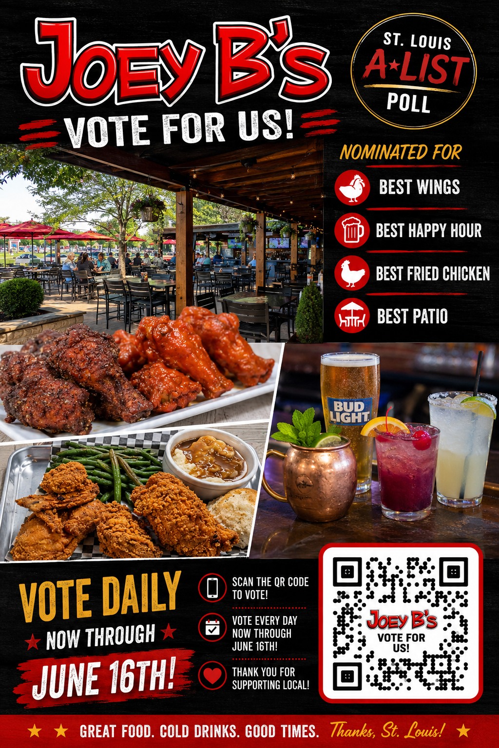 Joey B's is nominated for:
🏆 Best Wings
🏆 Best Happy Hour
🏆 Best Fried Chicken
🏆 Best Patio
and in 5 other categories!!!
If you've ever enjoyed our wings, happy hour specials, fried chicken, patio dining, burgers, pizzas, or simply spending time with friends and family at Joey B's, we'd love your support!
📲 Scan the QR code
🗳️ Vote DAILY through June 16th
Thank you, St. Louis! ❤️
#JoeyBs #STLMagAList #AList2026 #BestWings #BestHappyHour #BestFriedChicken #BestPatio #STLFoodie #SupportLocalSTL #VoteDaily #NeighborhoodFavorite #StLouisRestaurants #STLEats #PatioDining