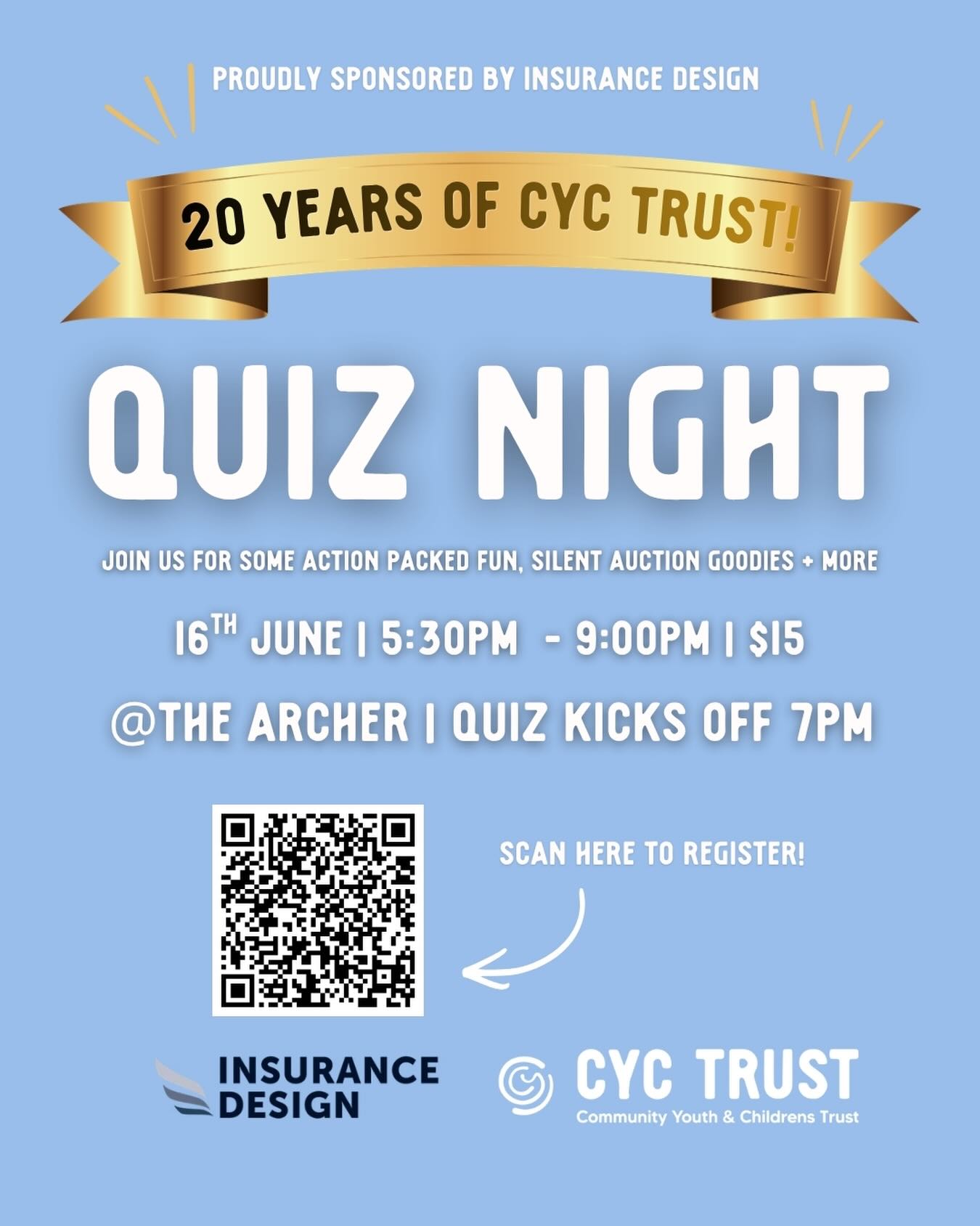 5 days till our annual CYC Trust Quiz Night!
The countdown is officially on, and we want you to be apart of it! Join us in celebrating 20 years off CYC Trust, and fundraising to allow us to continue walking alongside young people in our community 🌟
Register your team at cyctrust.org.nz