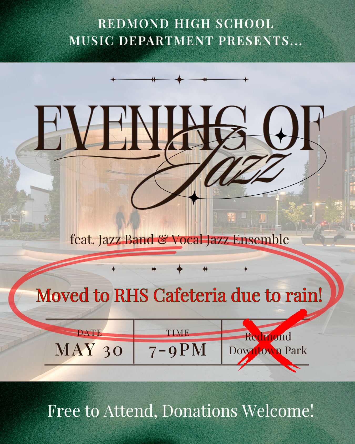 Our final concert of the year, Jazz Night with @redmondchoir’s Vocal Jazz Ensemble, is now being held in the RHS Cafeteria due to rainy weather! See you this evening at 7:00PM at RHS. 🎤💛🎵