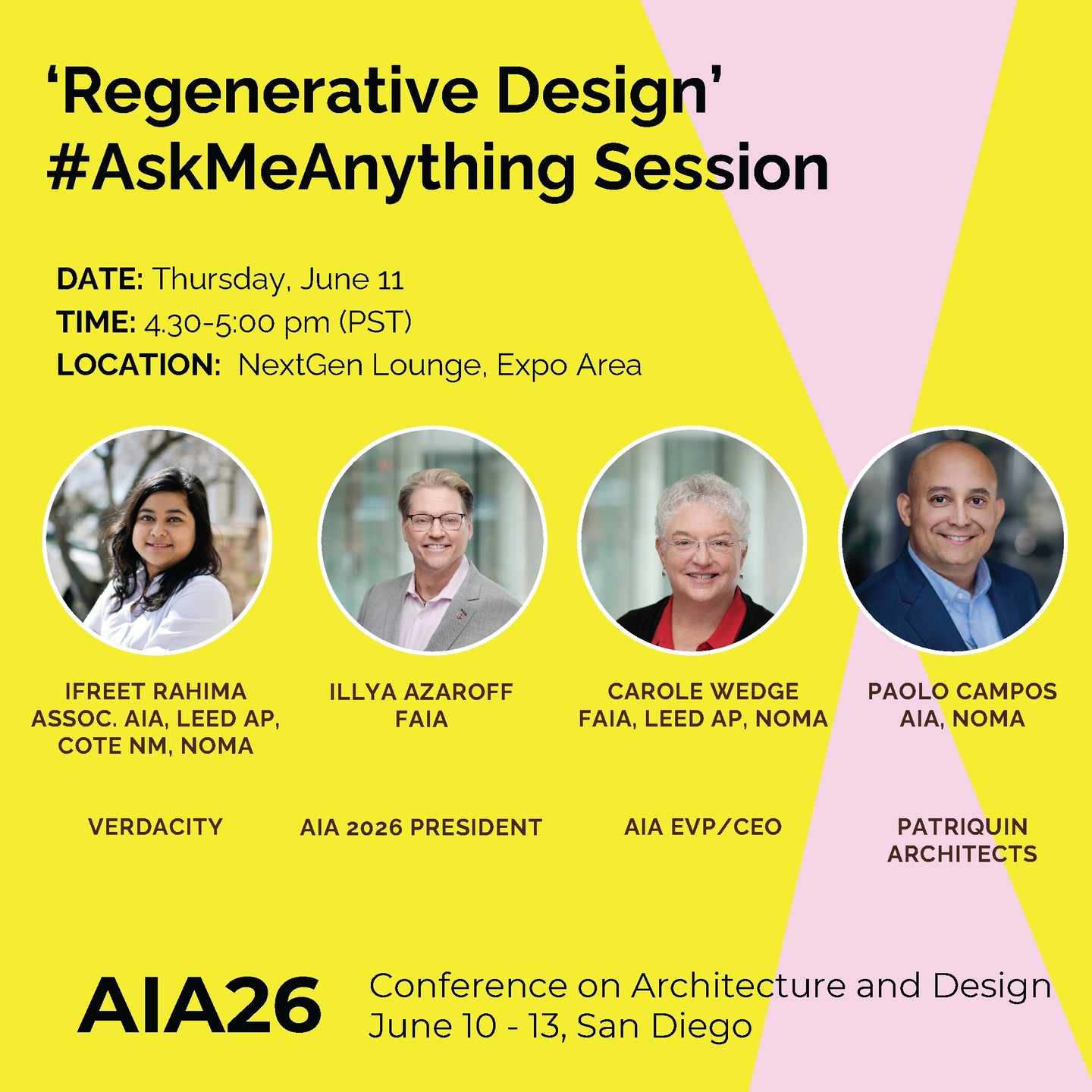 Want to know more about regenerative design? Join this panel, including your AIA NM Associate Director (and Associate at @verdacity) for this AMA in the #AIA26 Expo! See you in San Diego!
Tag @aianewmexico so we can share our members' experience!
____________
Download the 📲 AIA26 app (named "AIA Events" for Apple and Android devices), search for these events in the schedule, and 🔖 bookmark them.
#ArchitectureEvents #RegenerativeDesign #AMA
____________
💥Thursday, 6/11, 4:30 - 5:00pm in the NextGen Lounge, Expo Area
Regenerative Design #AskMeAnything Session